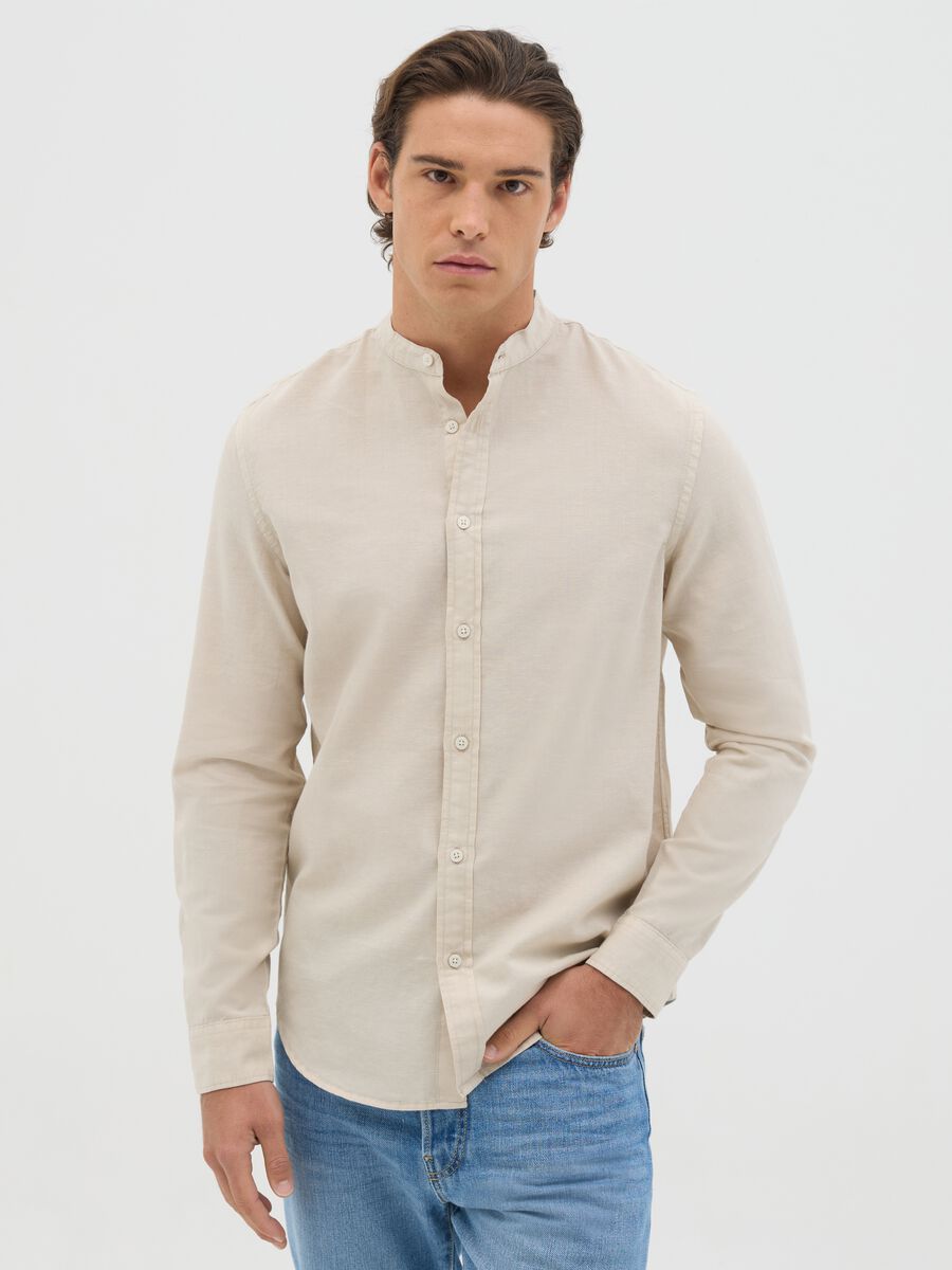 Long Beige Cotton and Linen Shirt_0