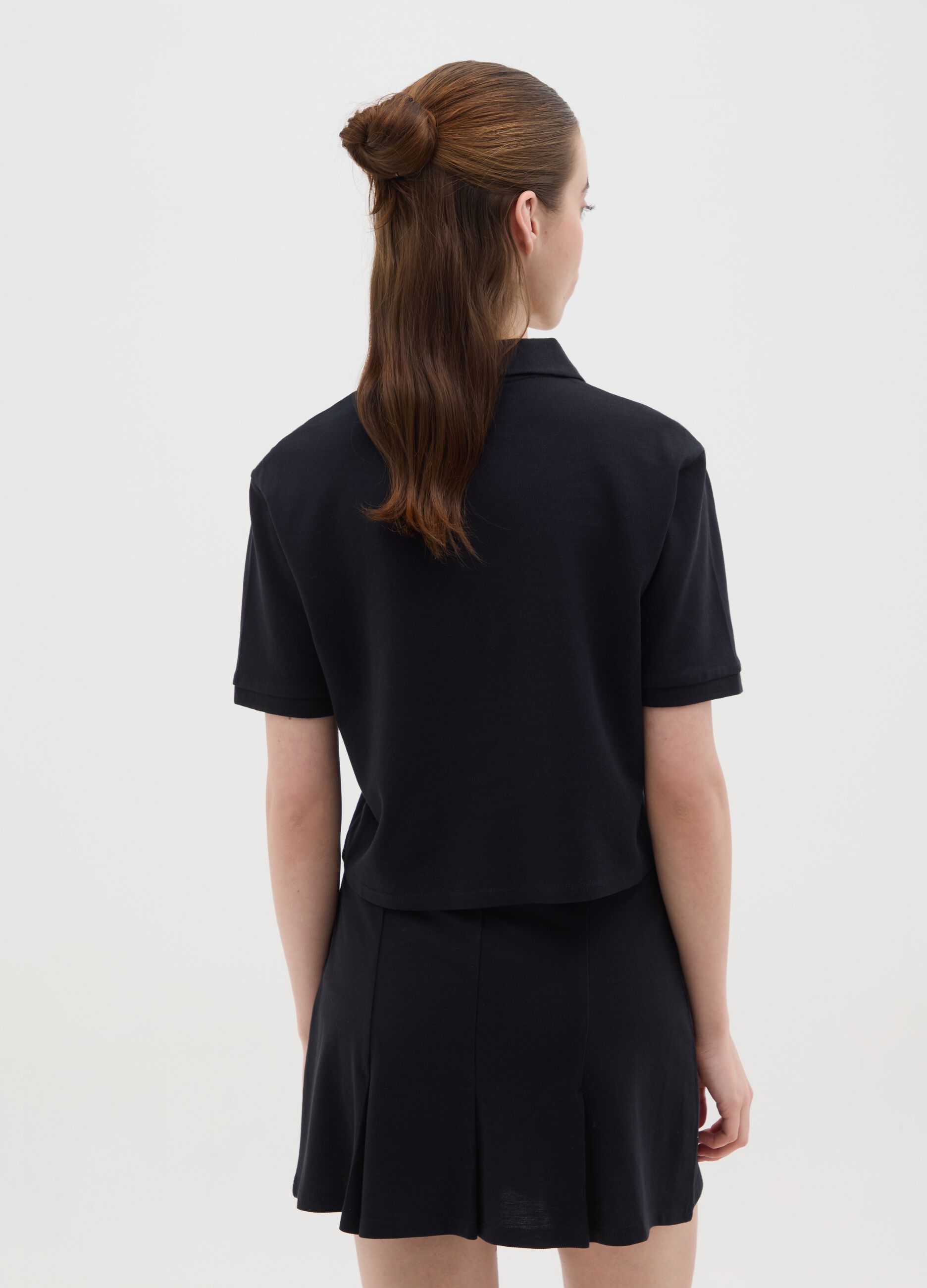 Women's black pure cotton regular fit polo with classic collar and embroidered logo