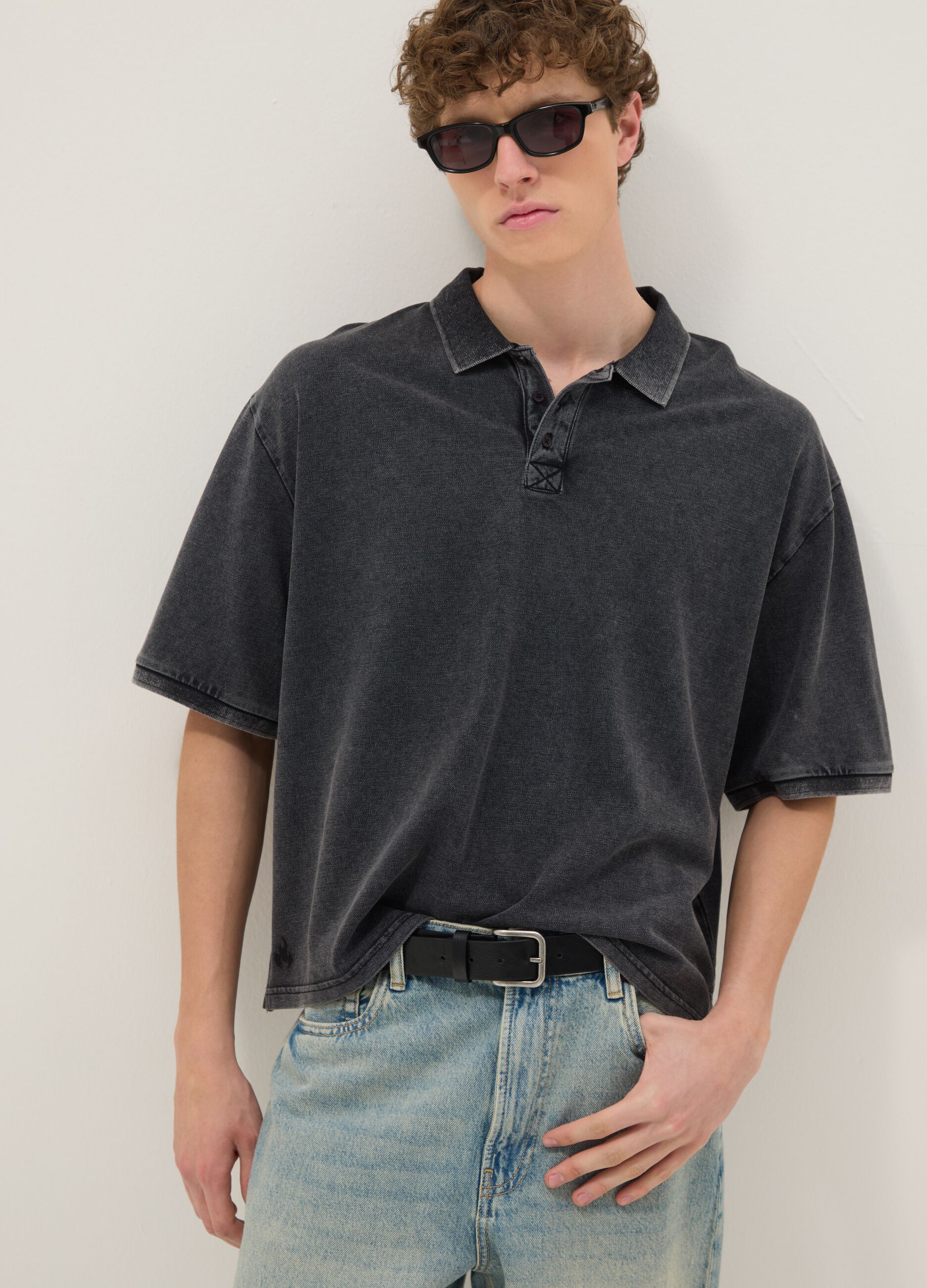 Polo a maniche corte in puro cotone nero regular fit