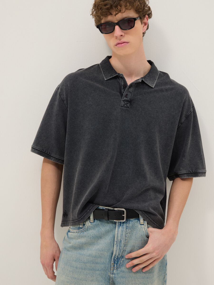 Polo a maniche corte in puro cotone nero regular fit_0