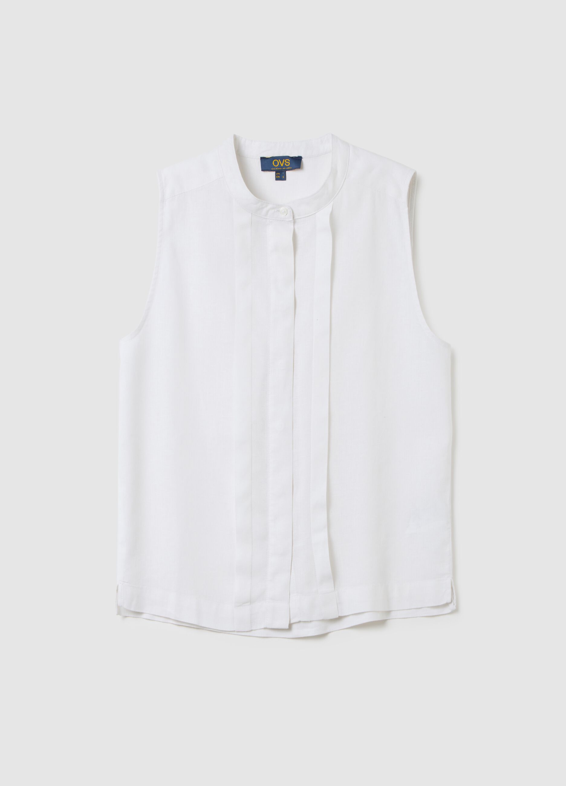 Women's Sleeveless White Linen Blend Shirt Regular Fit