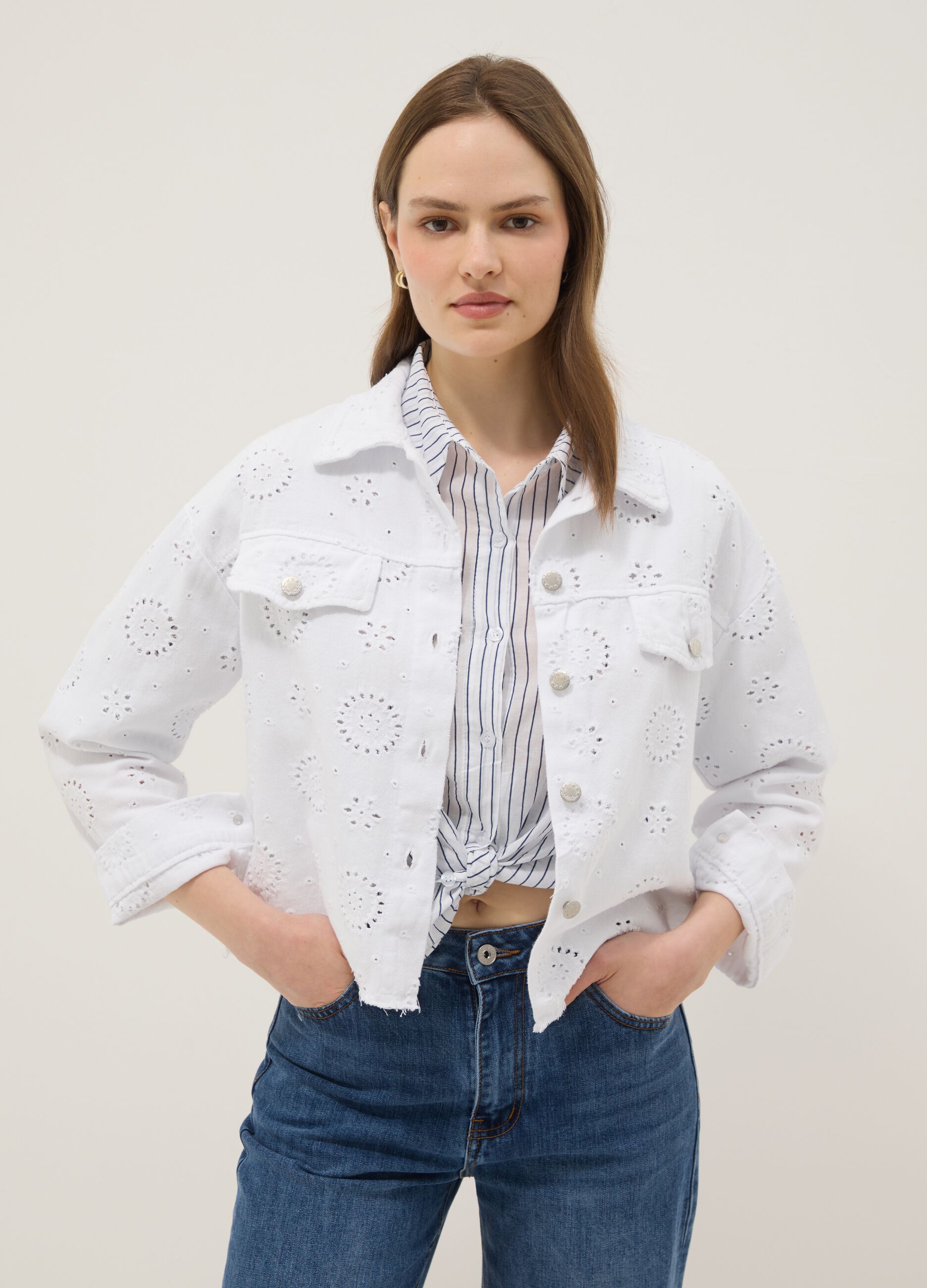 White pure cotton jacket with Broderie Anglaise embroidery, regular fit