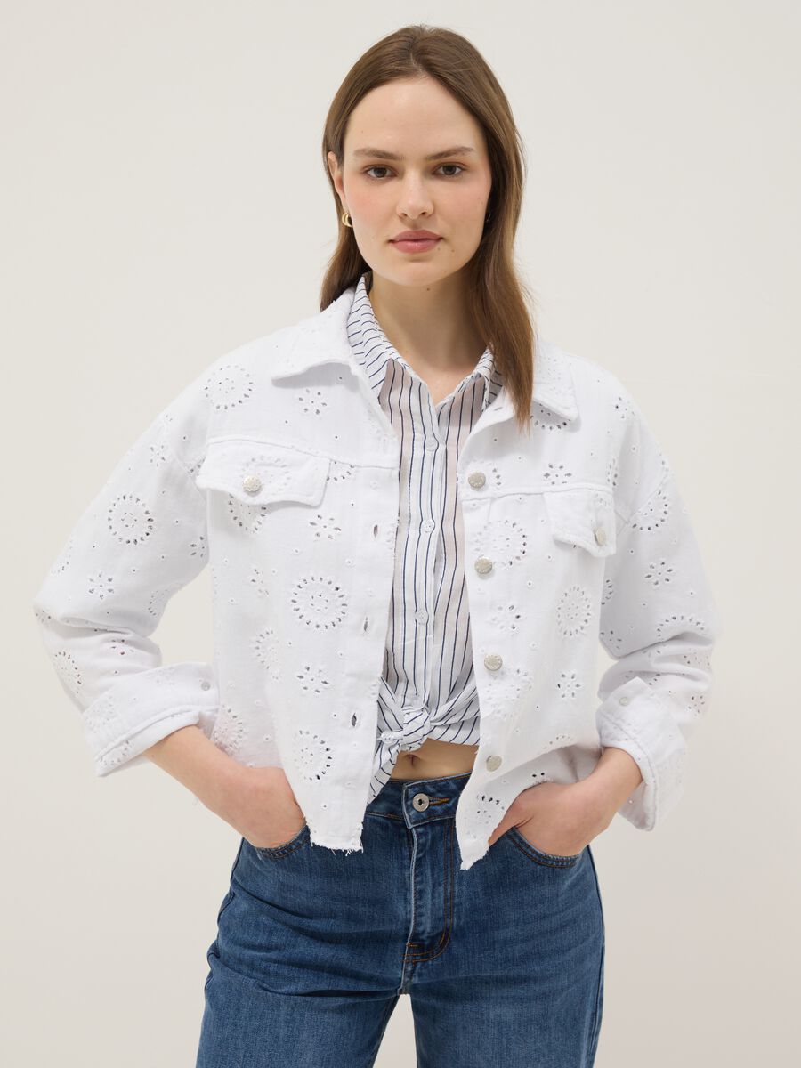 White pure cotton jacket with Broderie Anglaise embroidery, regular fit_1