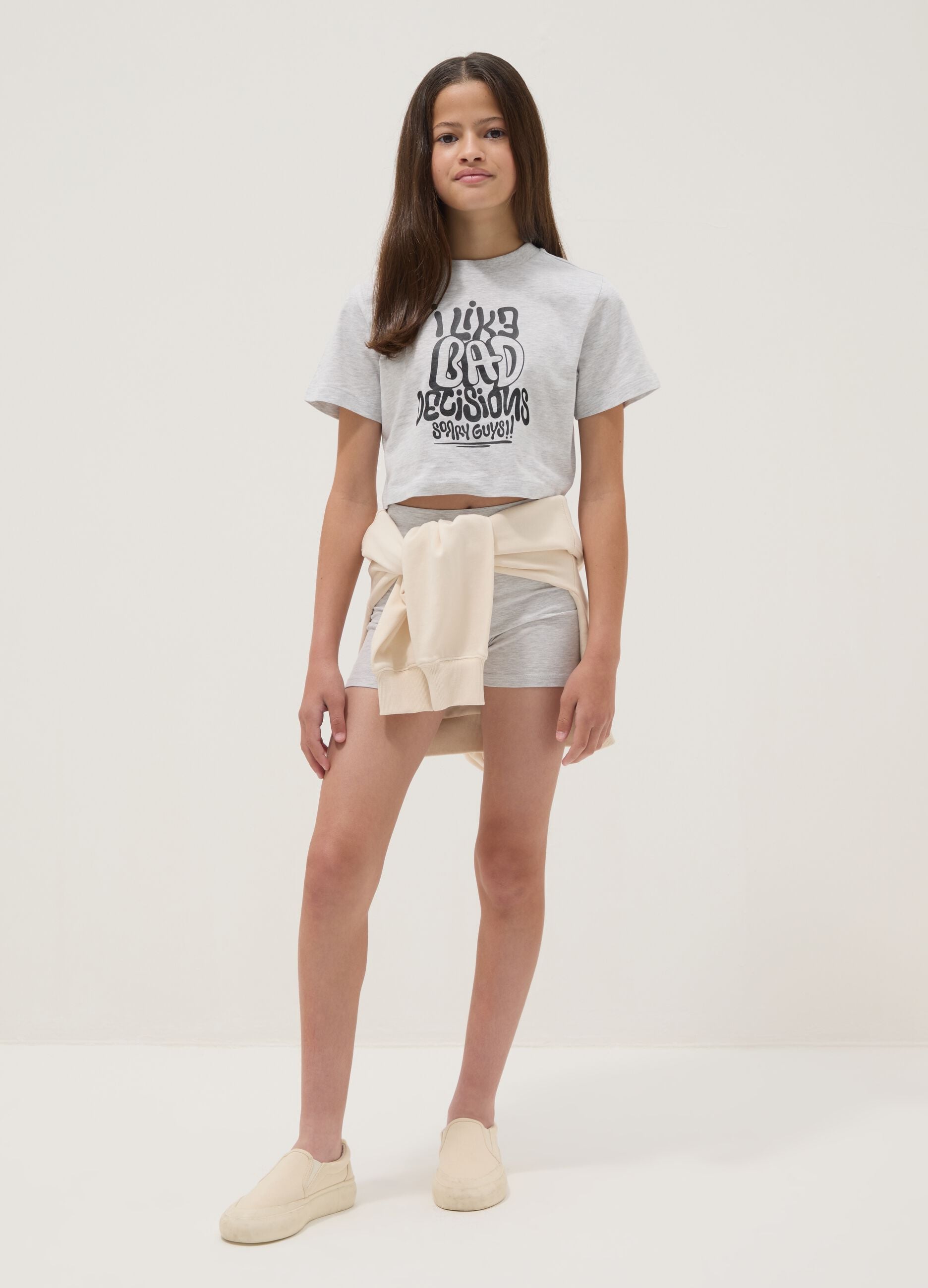 Grey cotton-blend set with T-shirt and shorts
