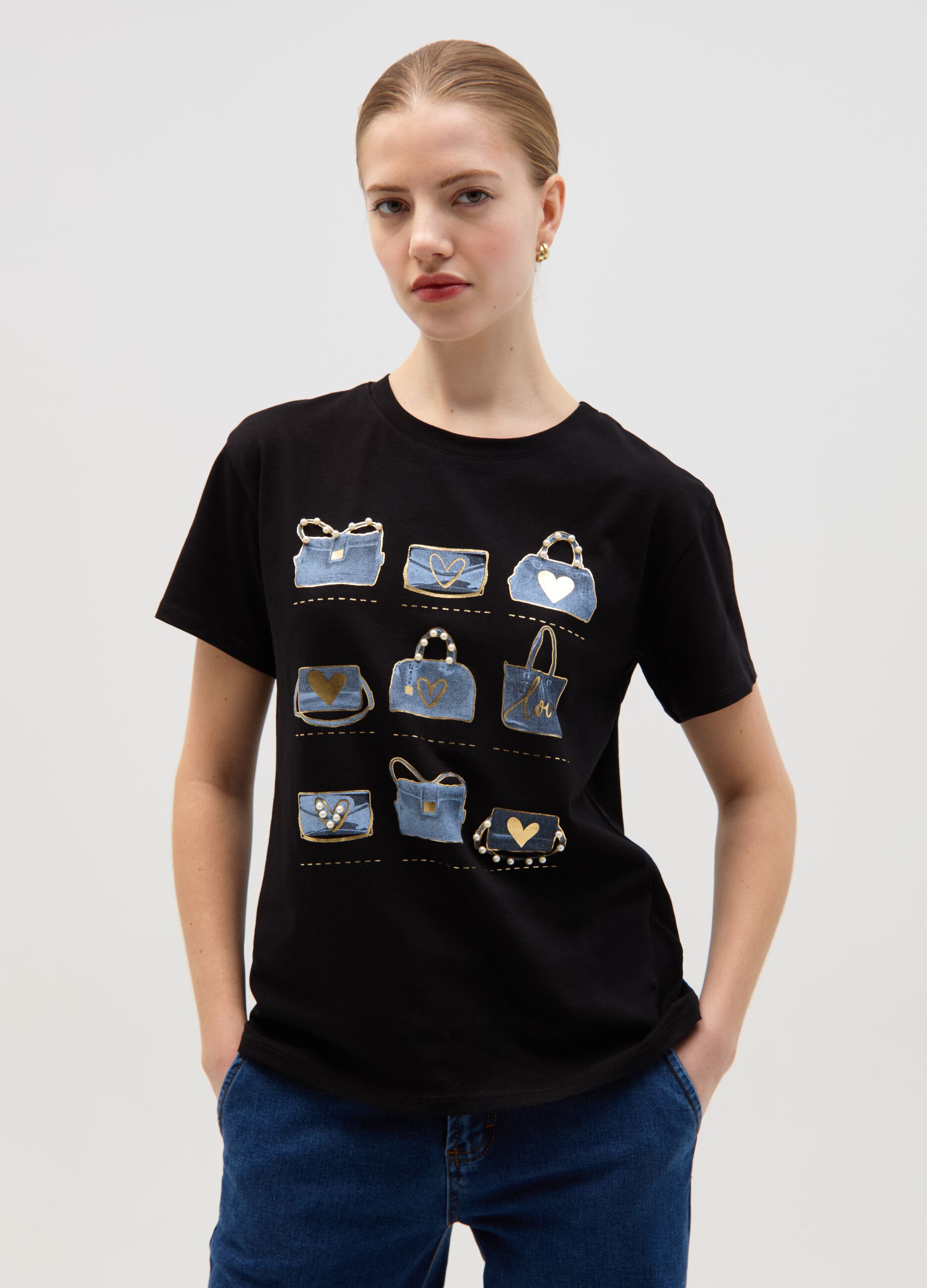 T-shirt stampa borsette con perline