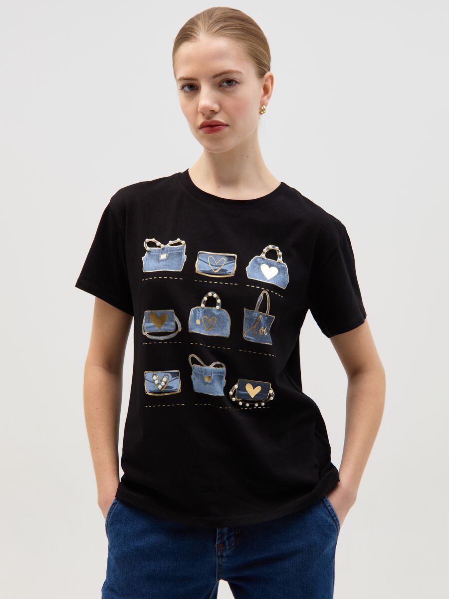T-shirt stampa borsette con perline_0