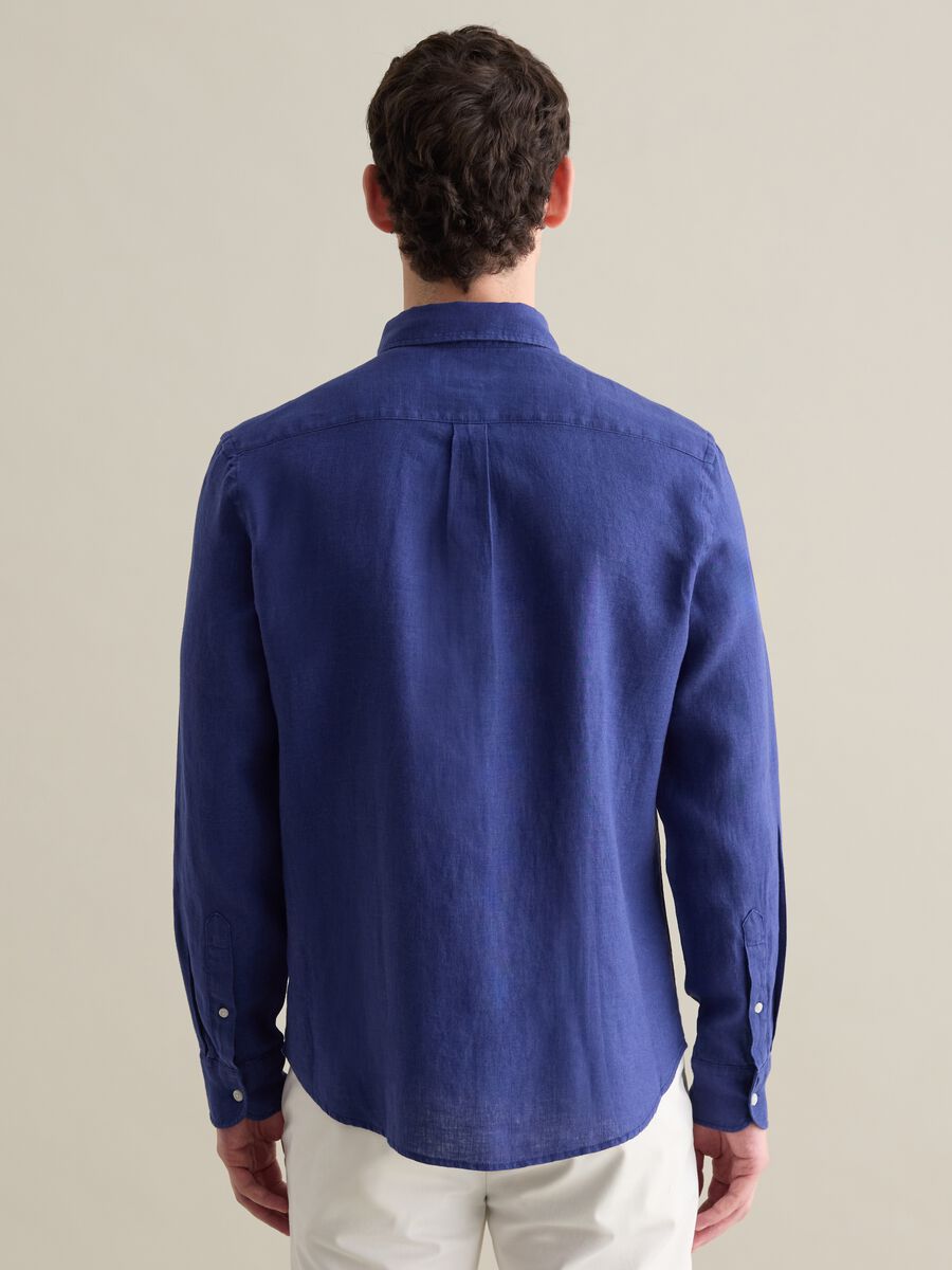 Blue Linen Shirt by Piombo with Button-down Collar_3