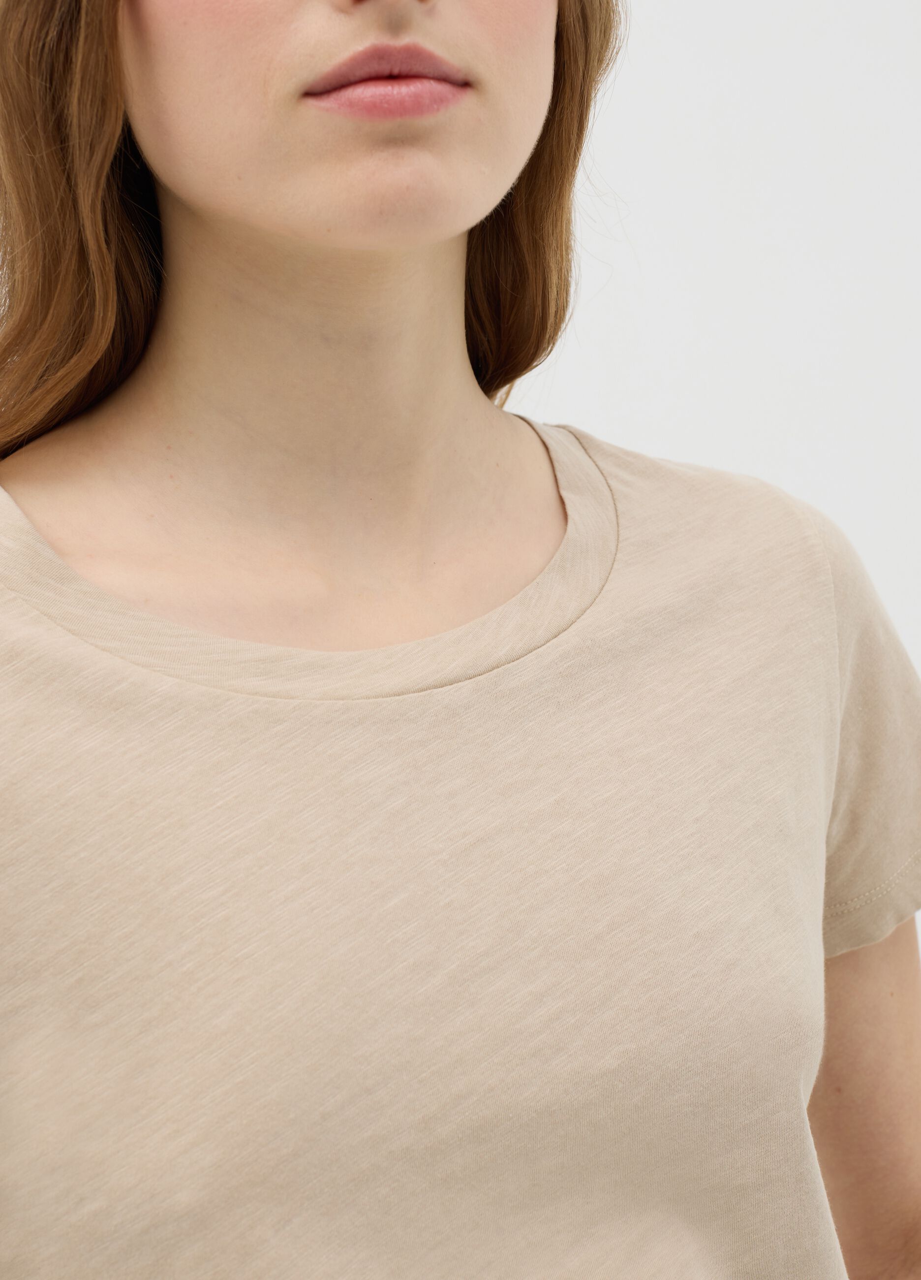 Beige Crew Neck Organic Cotton T-shirt