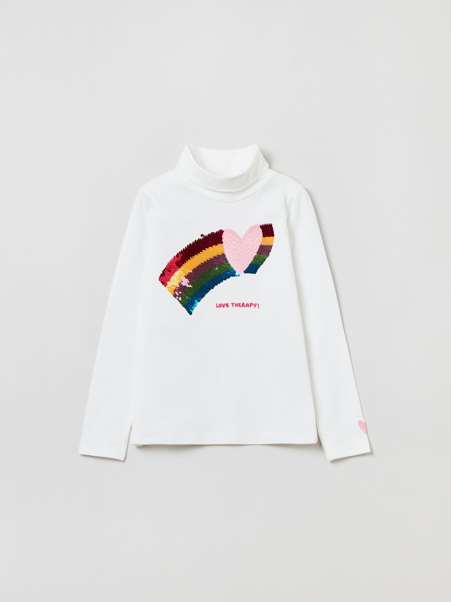 T-shirt collo alto con paillettes e ricamo_0