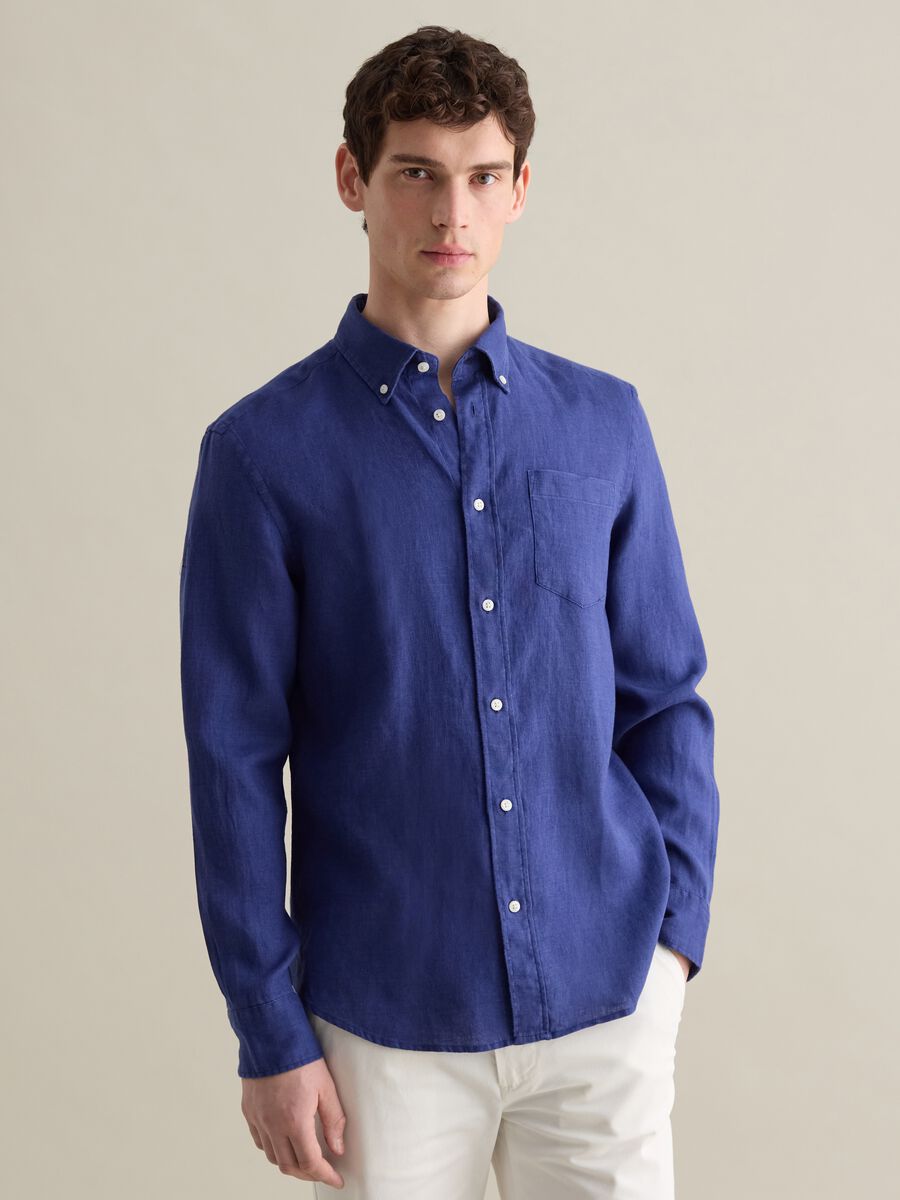 Blue Linen Shirt by Piombo with Button-down Collar_0