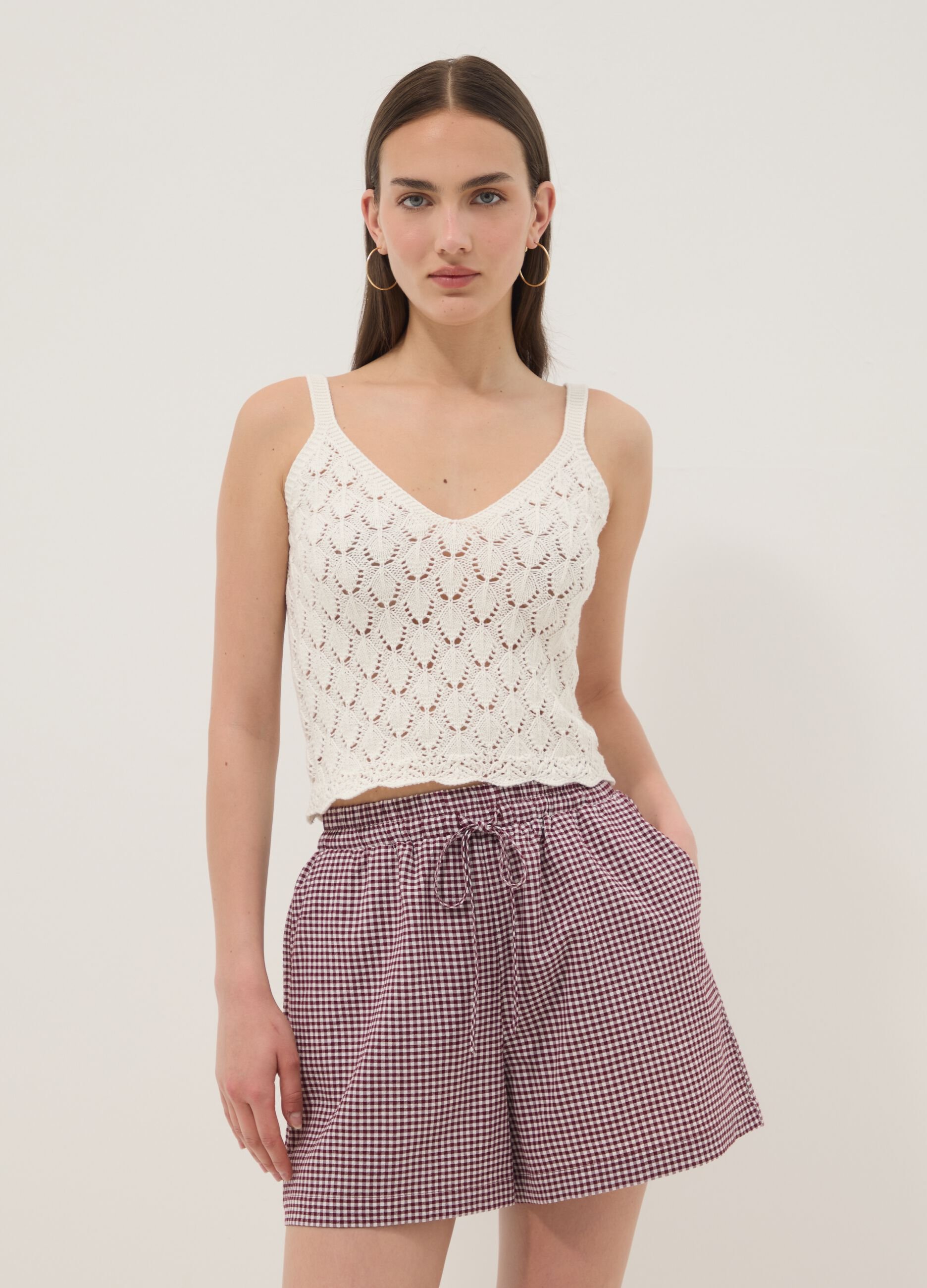 Gilet bianco in crochet di puro cotone regular fit