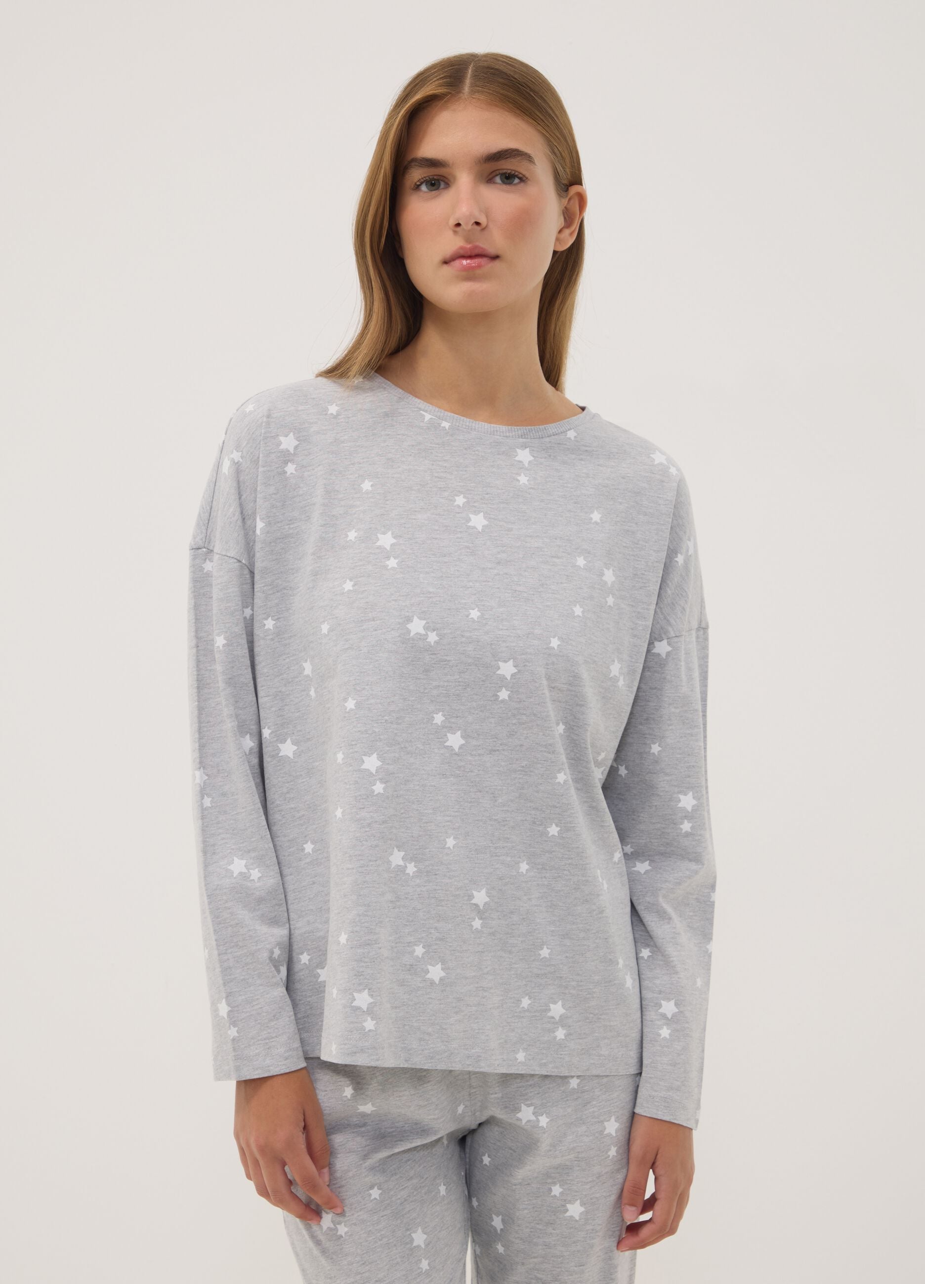 Grey crew-neck pyjamas in organic cotton and viscose blend