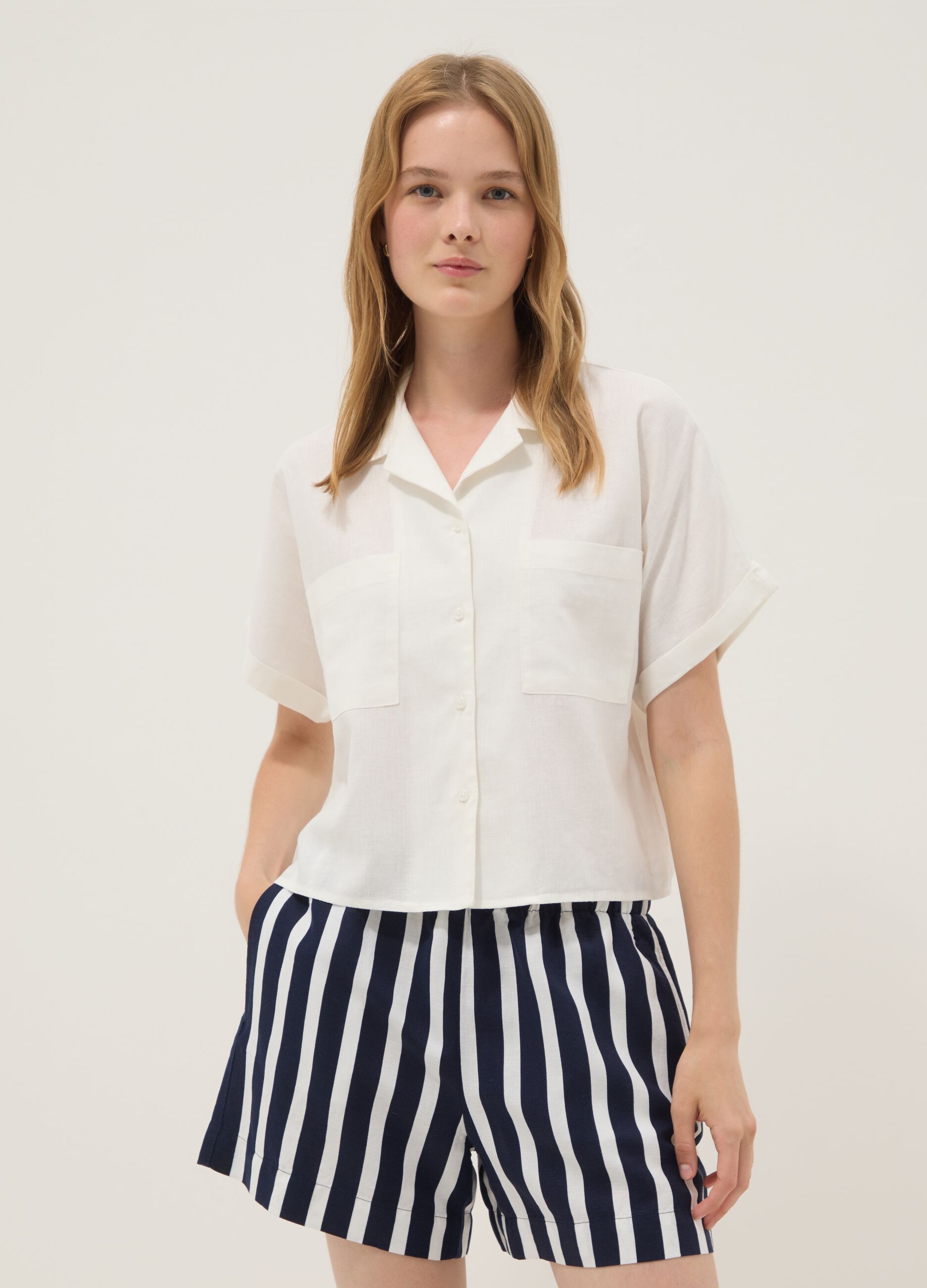 White regular-fit linen and viscose blend shirt