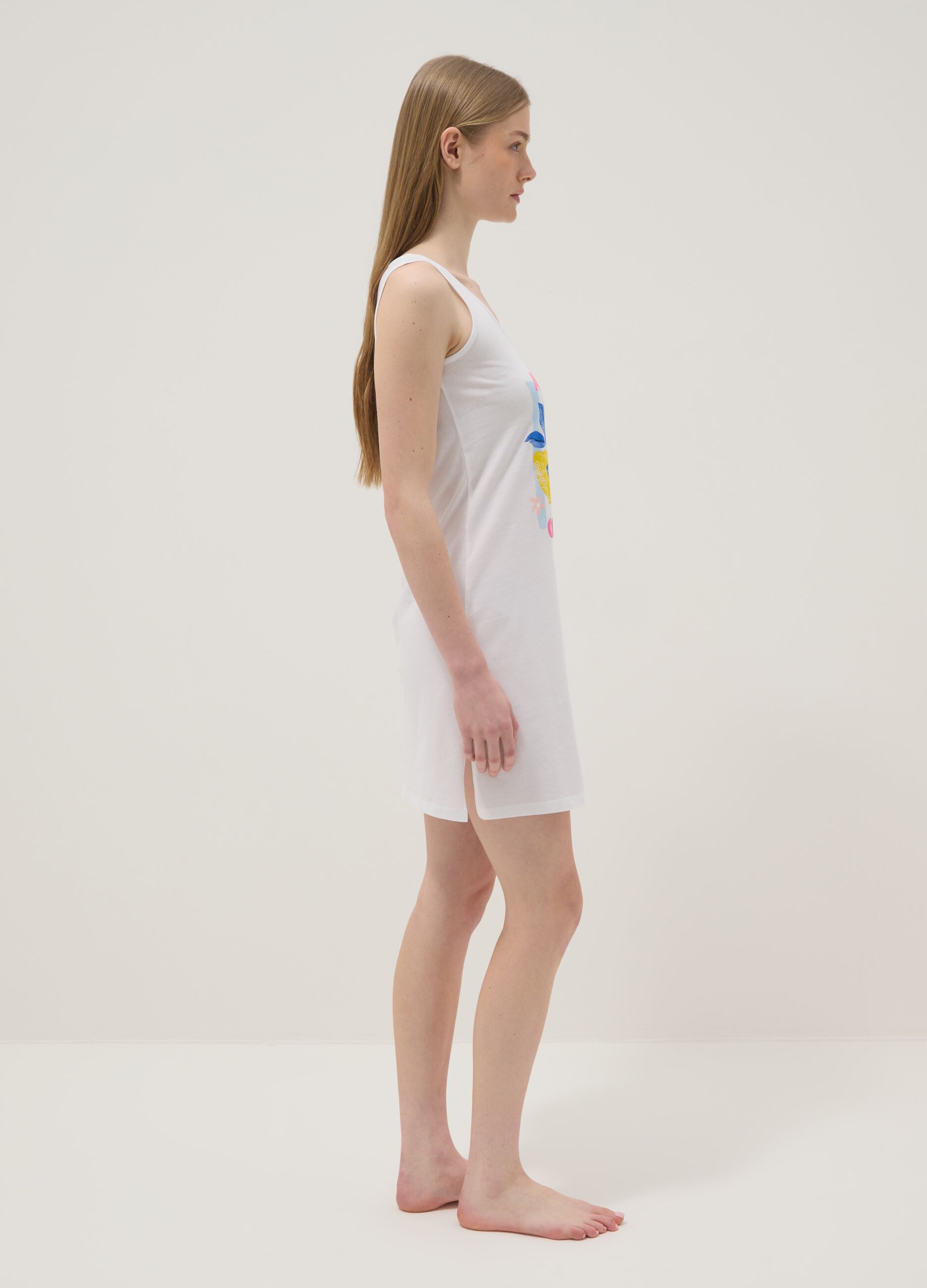 Camicia da notte senza maniche in puro cotone bianca con stampa