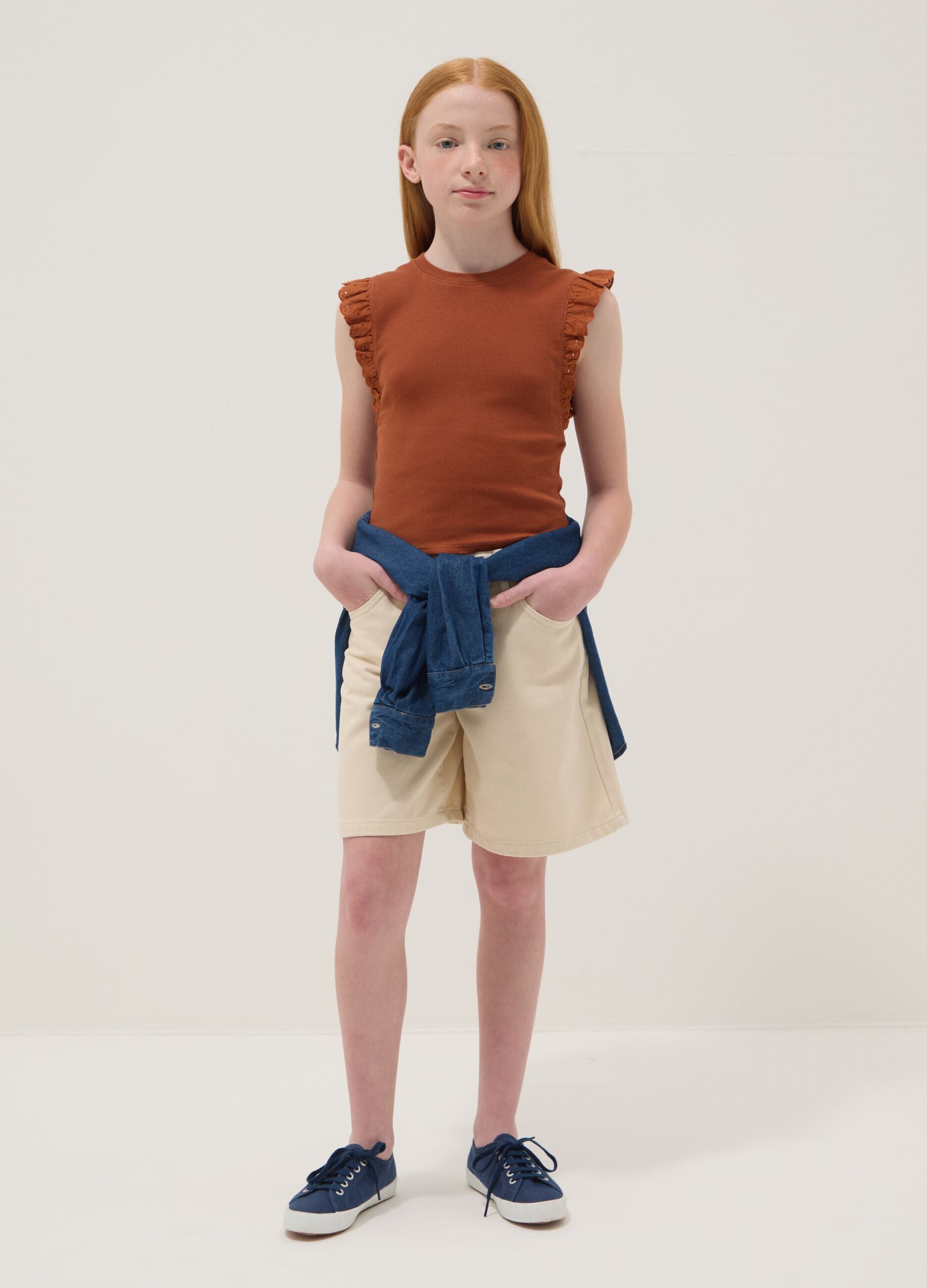 Girls' beige pure cotton shorts with regular fit