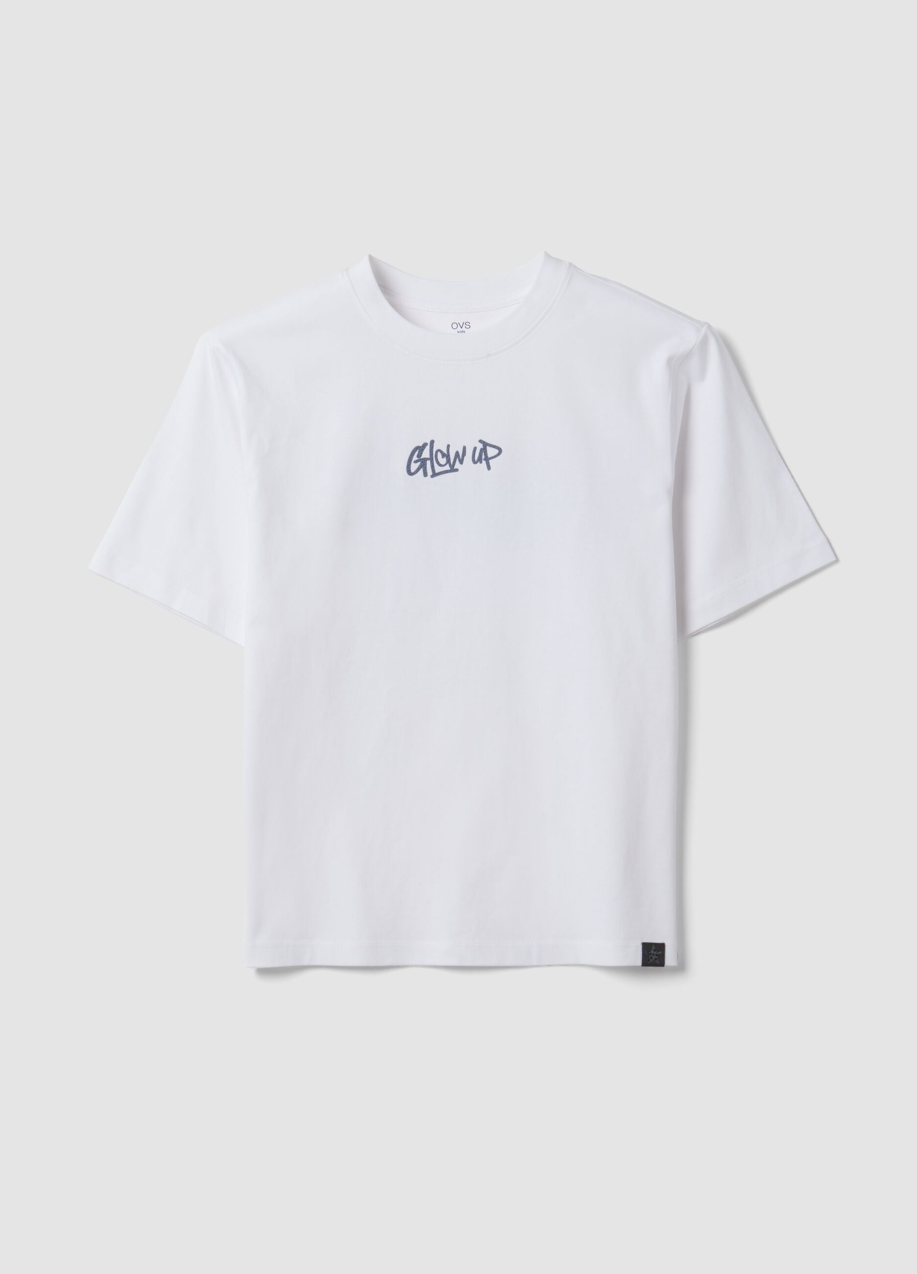 White pure cotton T-shirt with ribbed neckline and &lsquo;Glow Up&rsquo; slogan