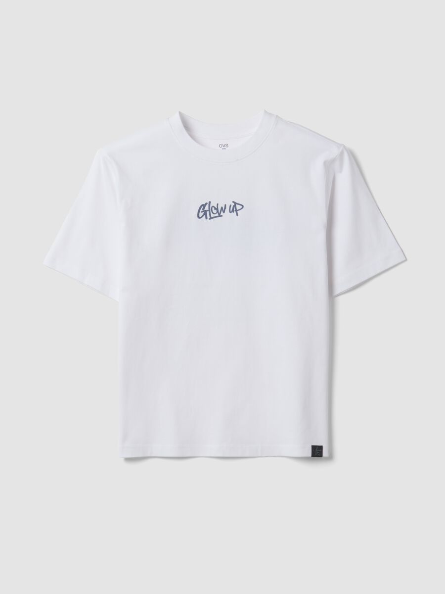White pure cotton T-shirt with ribbed neckline and &lsquo;Glow Up&rsquo; slogan_3
