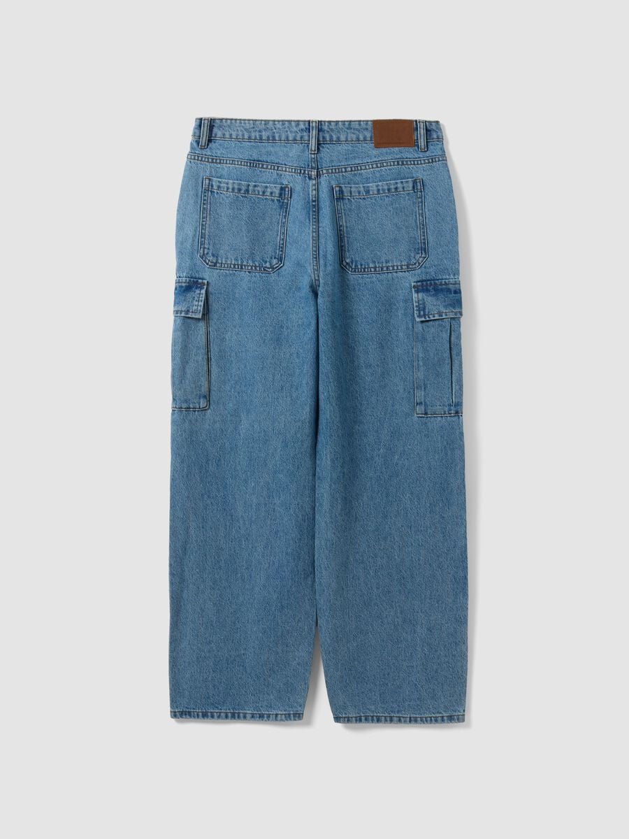 Jeans cargo blu in puro cotone wide leg_2