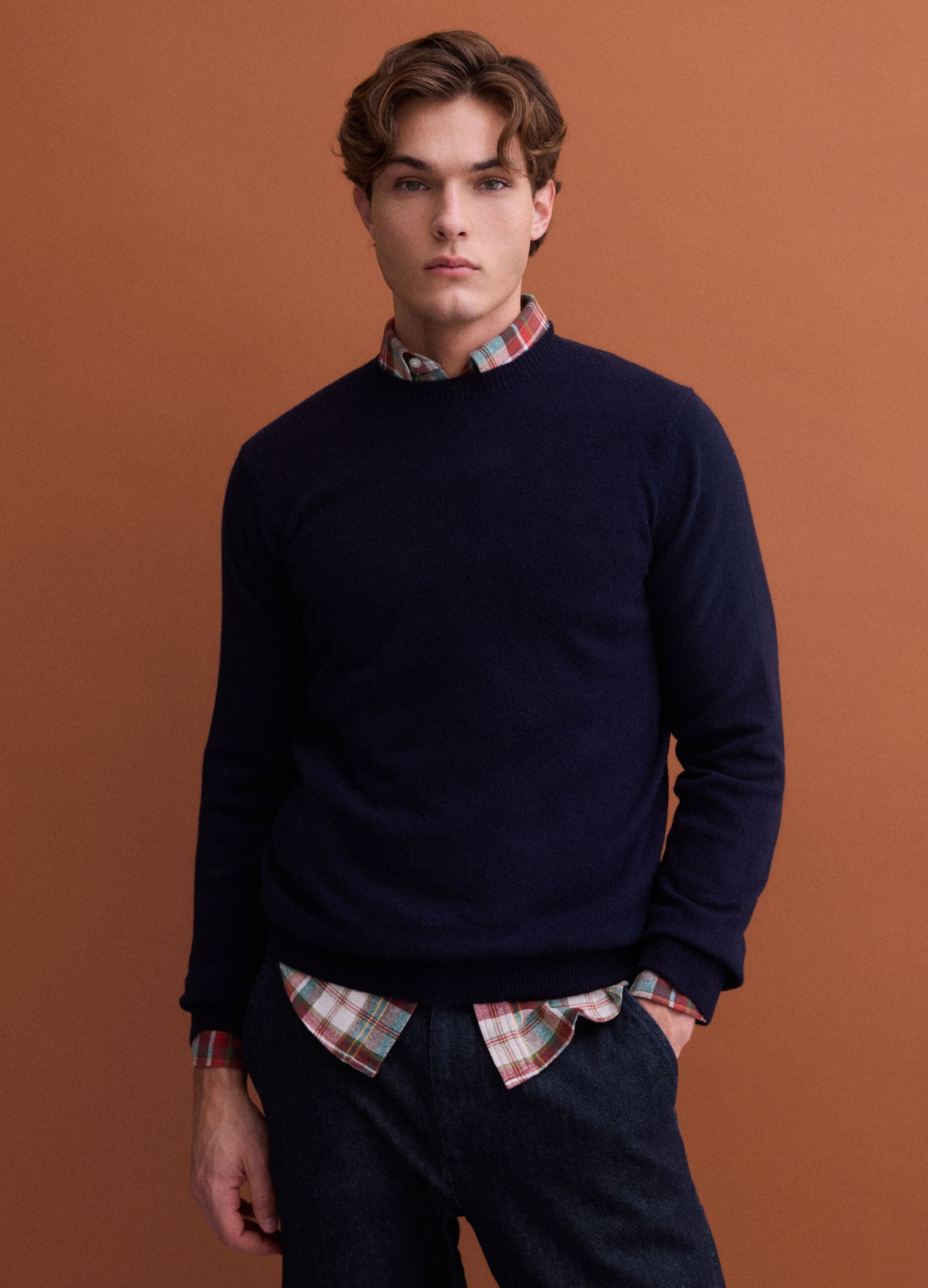 Blue pure wool crew-neck jumper, regular fit