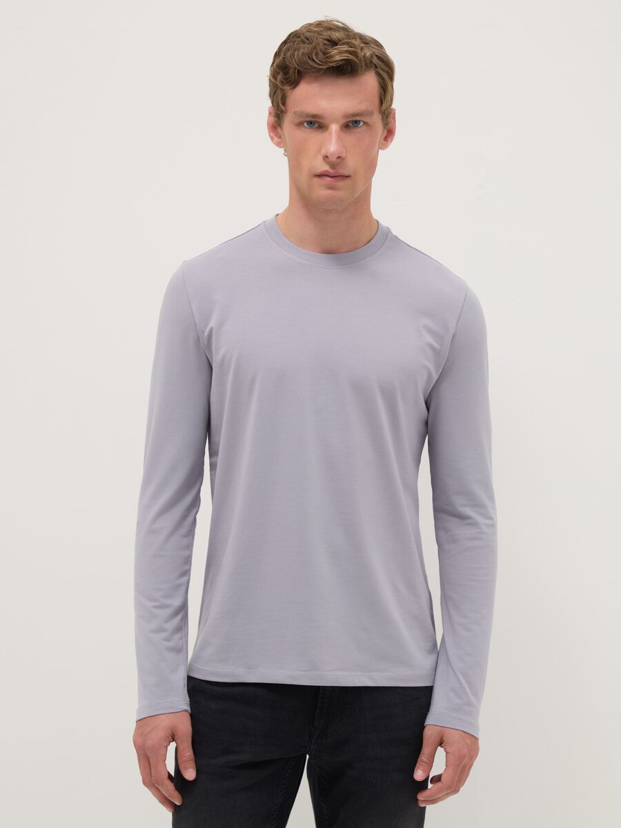 Grey long sleeve stretch cotton regular fit T-shirt_0
