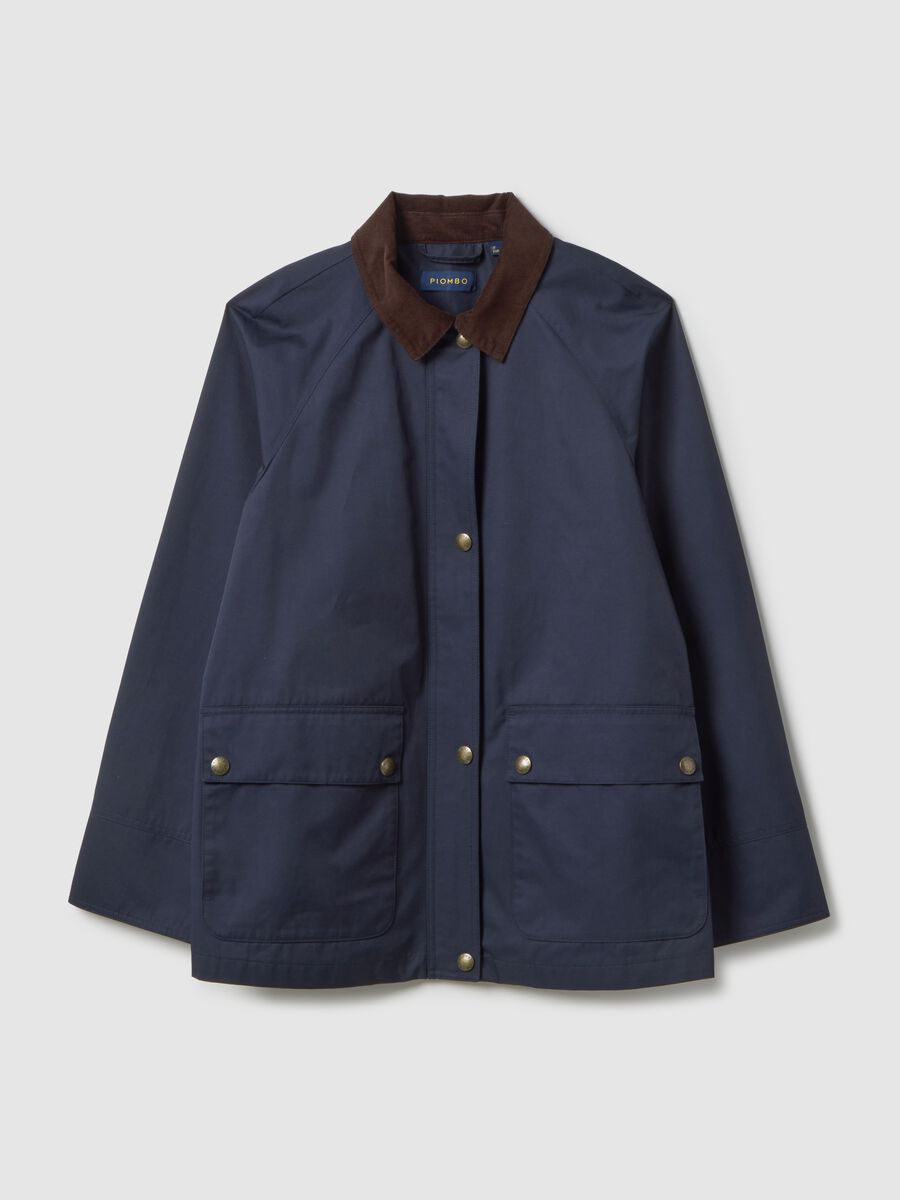 Giacca in misto cotone blu regular fit con colletto a contrasto_4