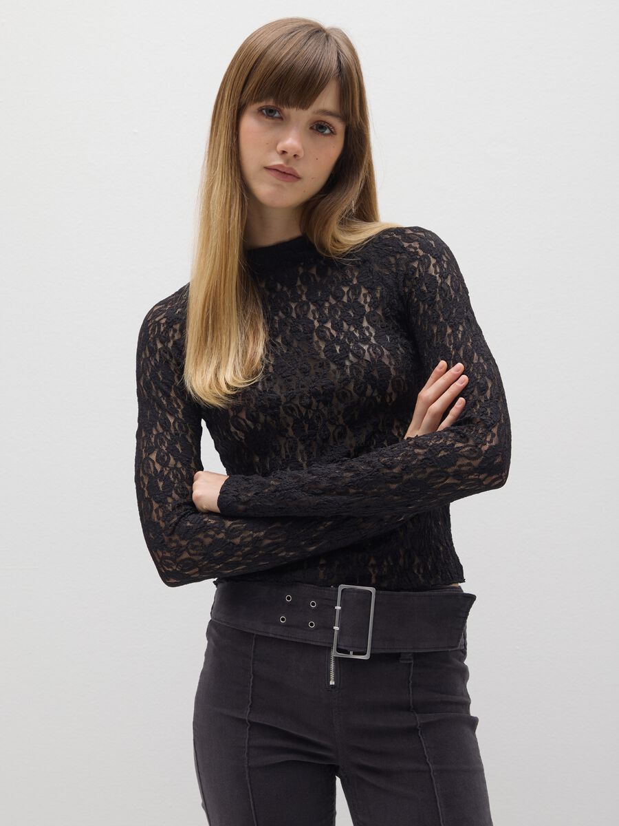 Black Lace Long Sleeve Top_0