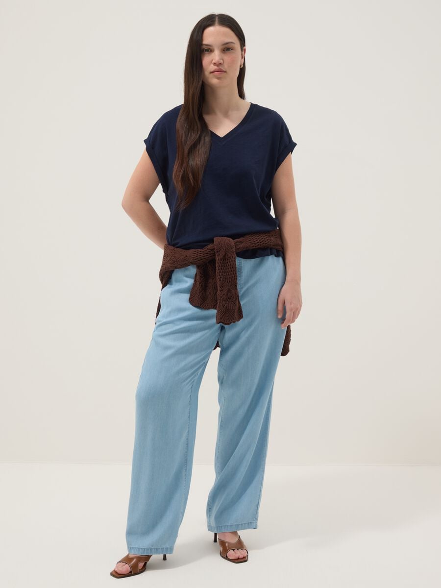 Short-sleeve pure cotton blue V-neck regular fit T-shirt_2