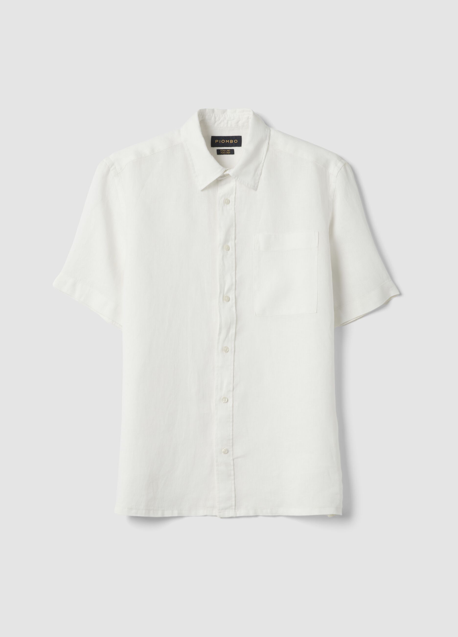 White pure linen short-sleeve shirt, regular fit with chest pocket