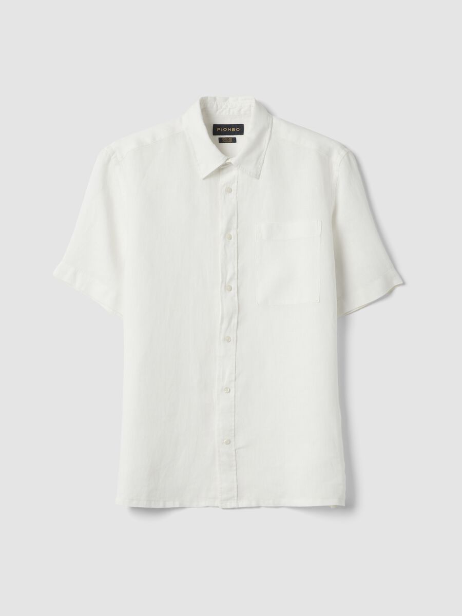 Camicia a maniche corte in puro lino bianca regular fit con taschino_4