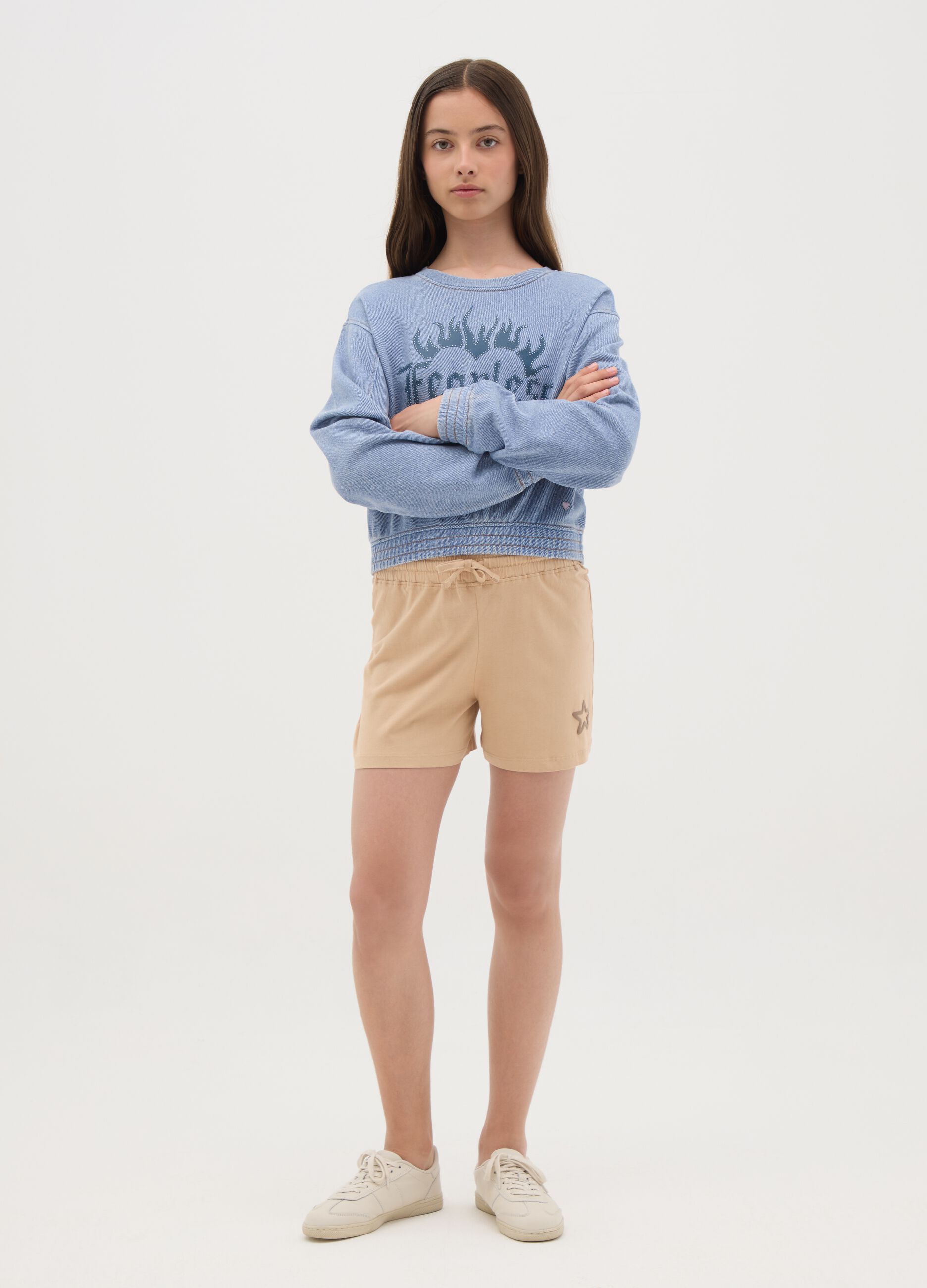 Girls' beige pure cotton shorts in regular fit