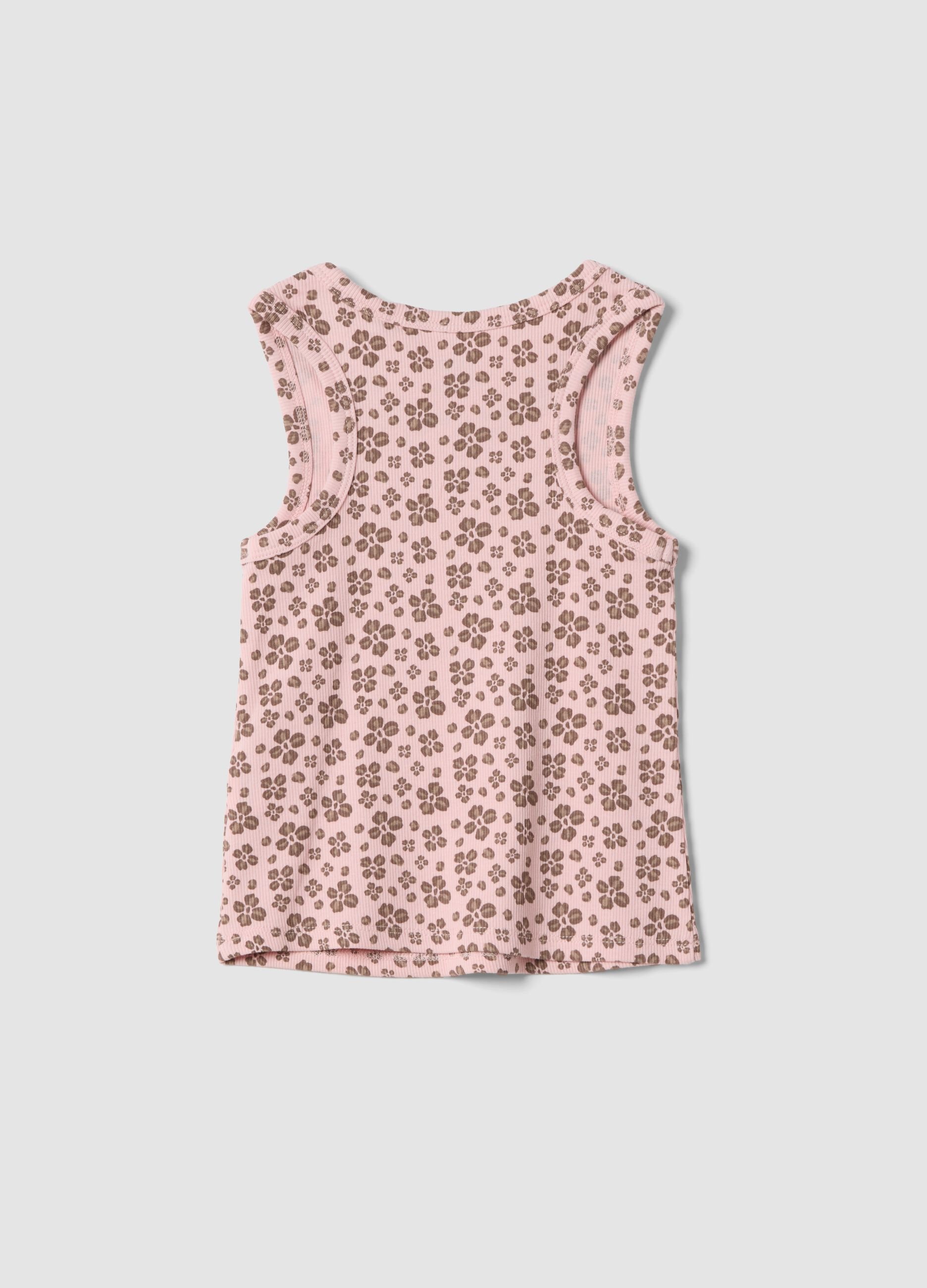 Pink ribbed stretch-cotton tank top with floral print
