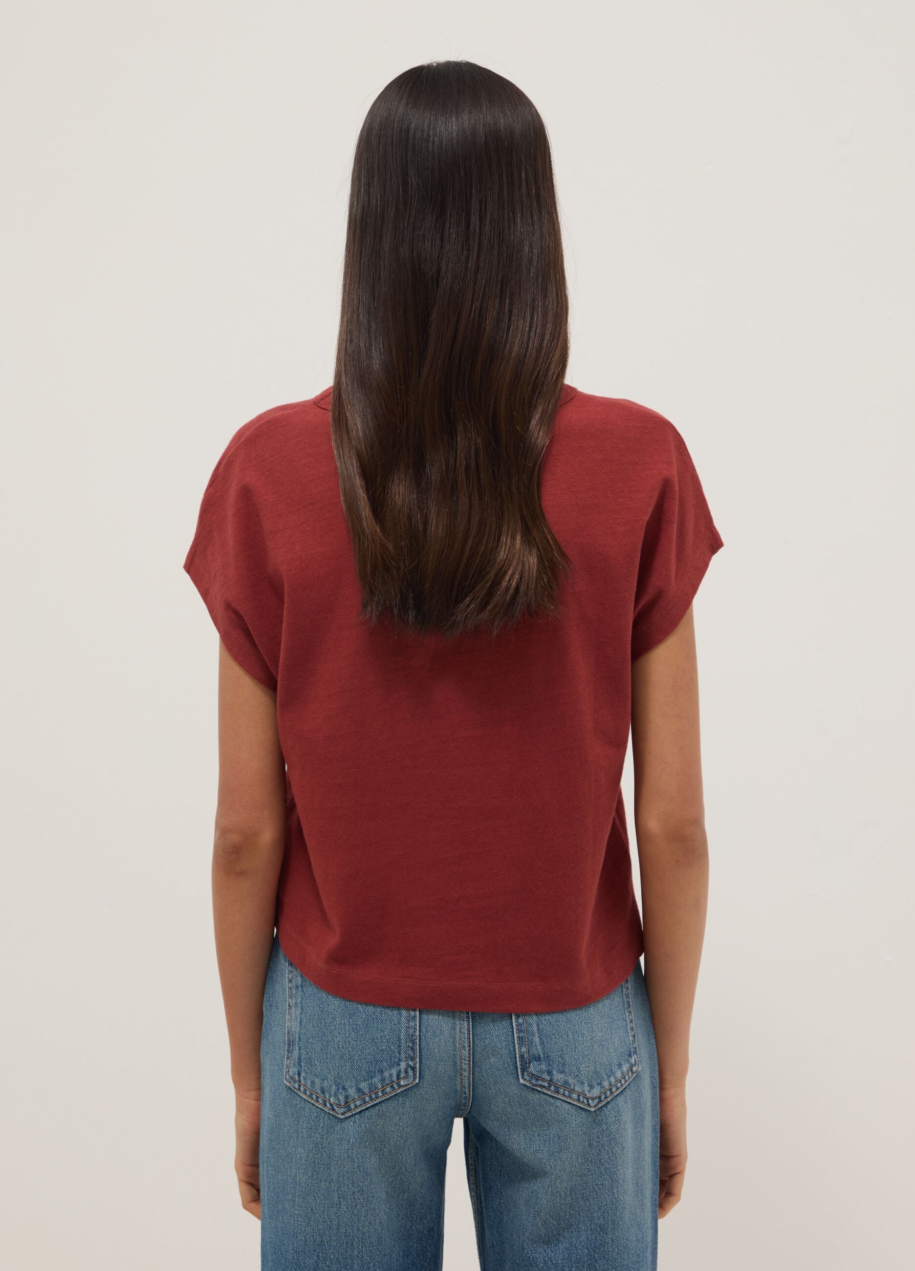 Red cotton-linen blend short-sleeve T-shirt, regular fit