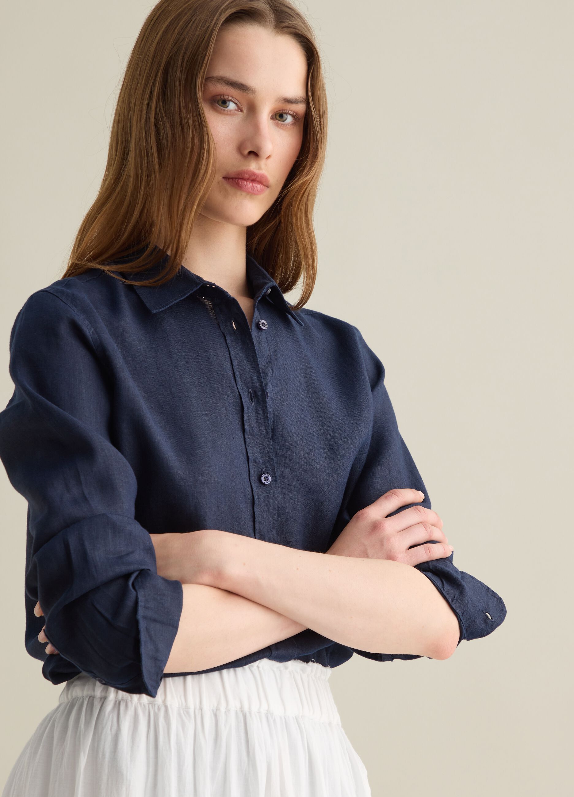 Camicia regular fit in lino blu