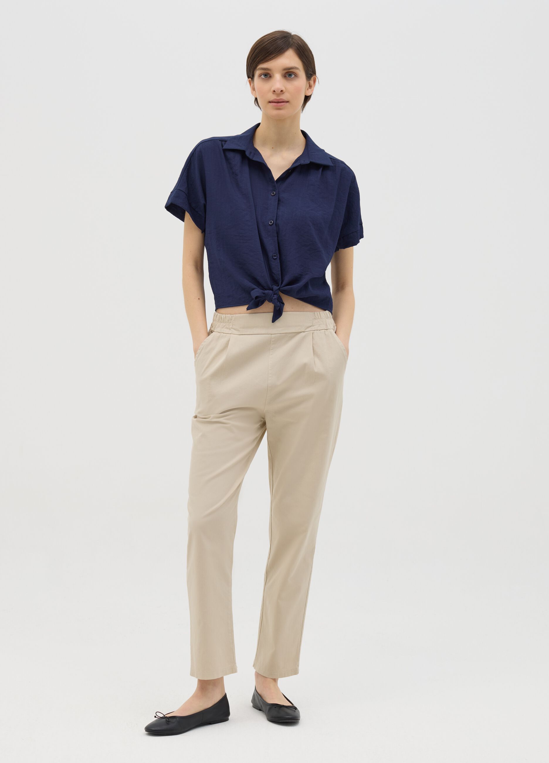 Beige cigarette trousers with elastic waistband