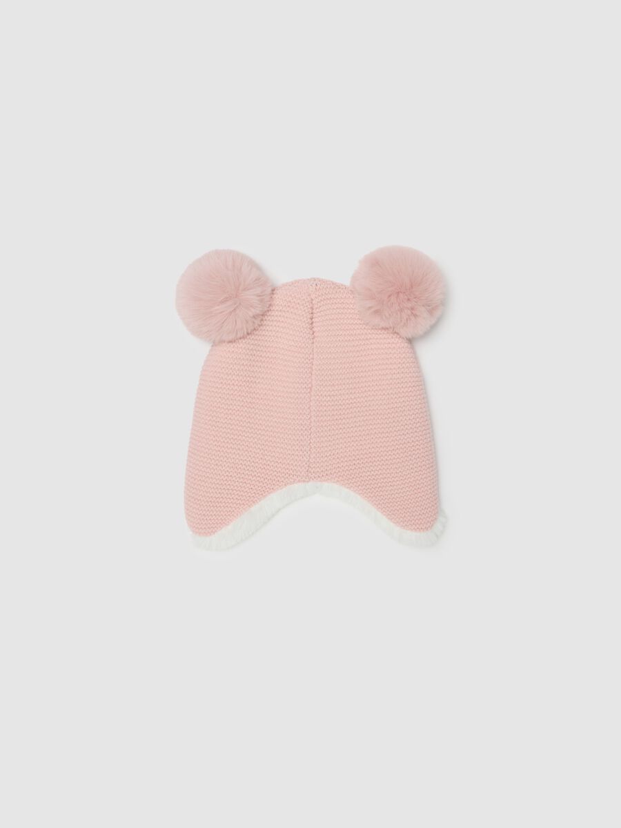 Pink girl's hat with pom poms and Minnie embroidery_1