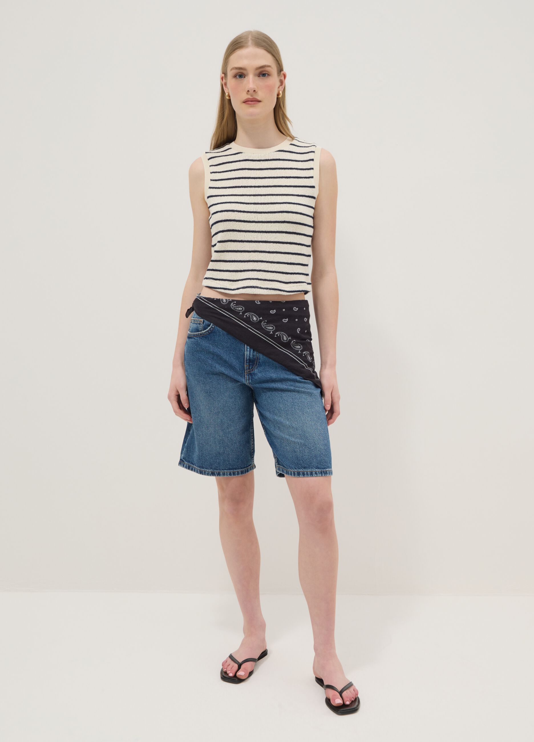 Regular-fit striped cotton-blend gilet in black and white