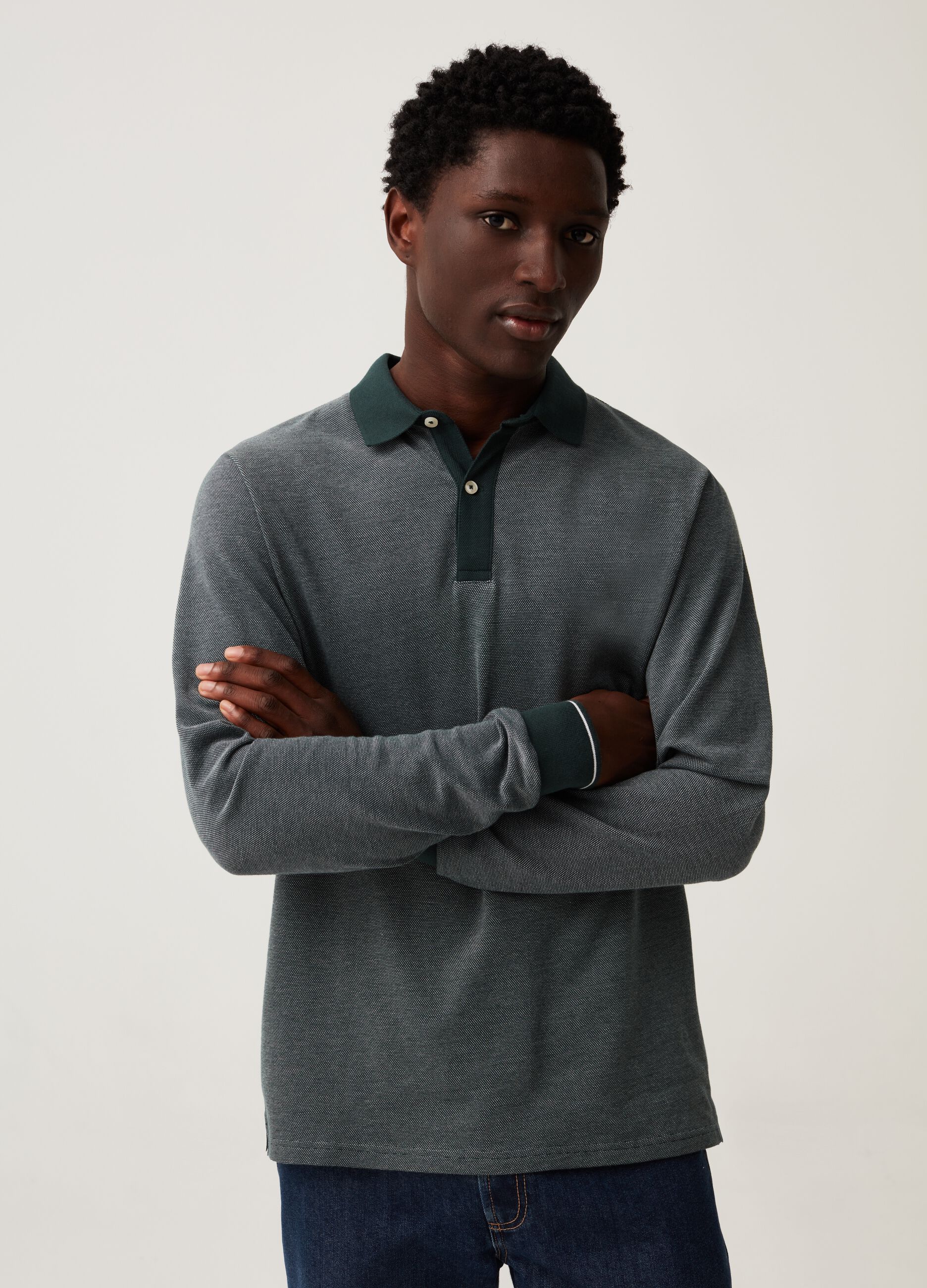 Long-sleeved polo shirt with jacquard weave