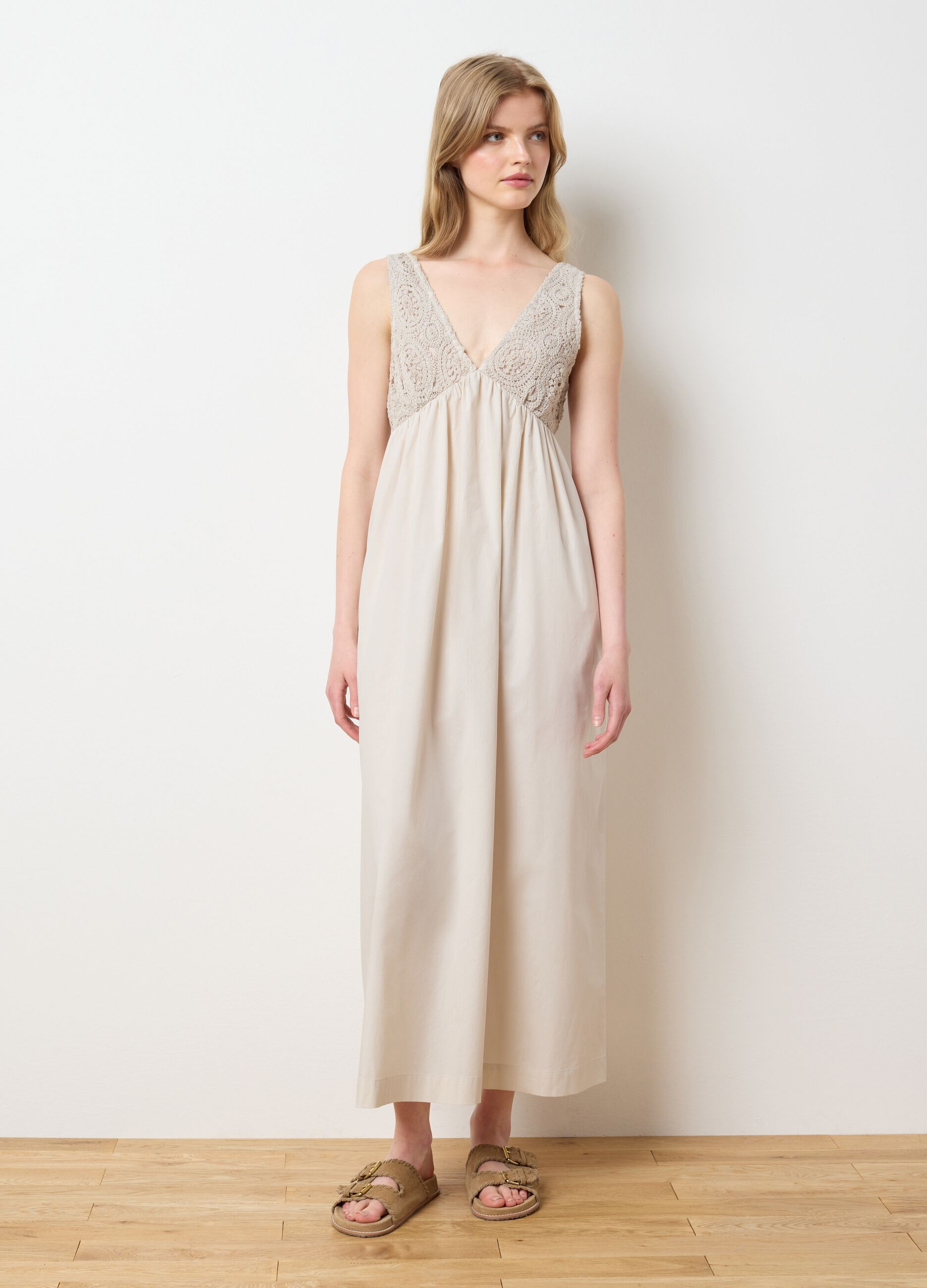 Women's long beige pure cotton dress over