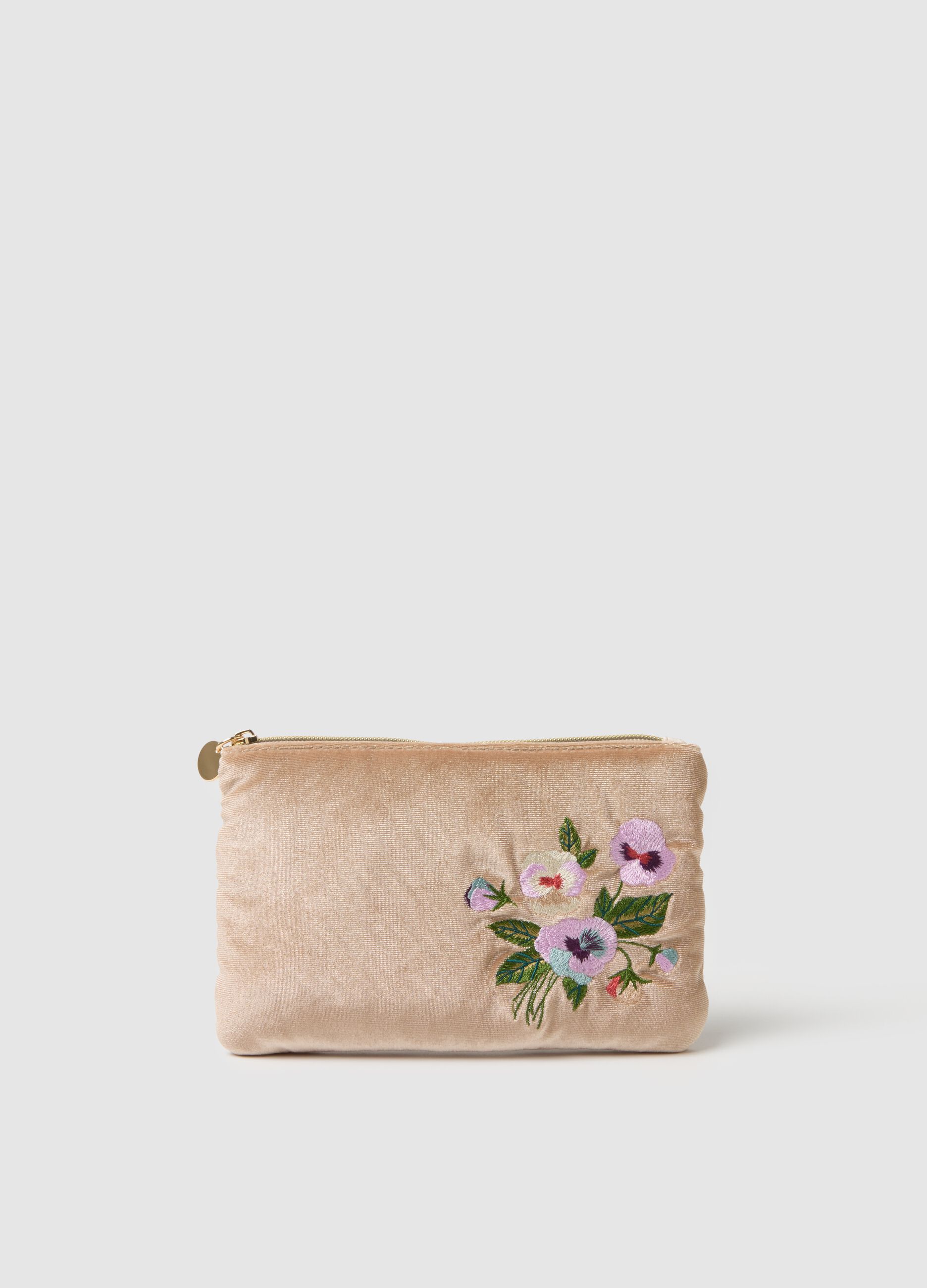Multicoloured pouch with floral embroidery and zip