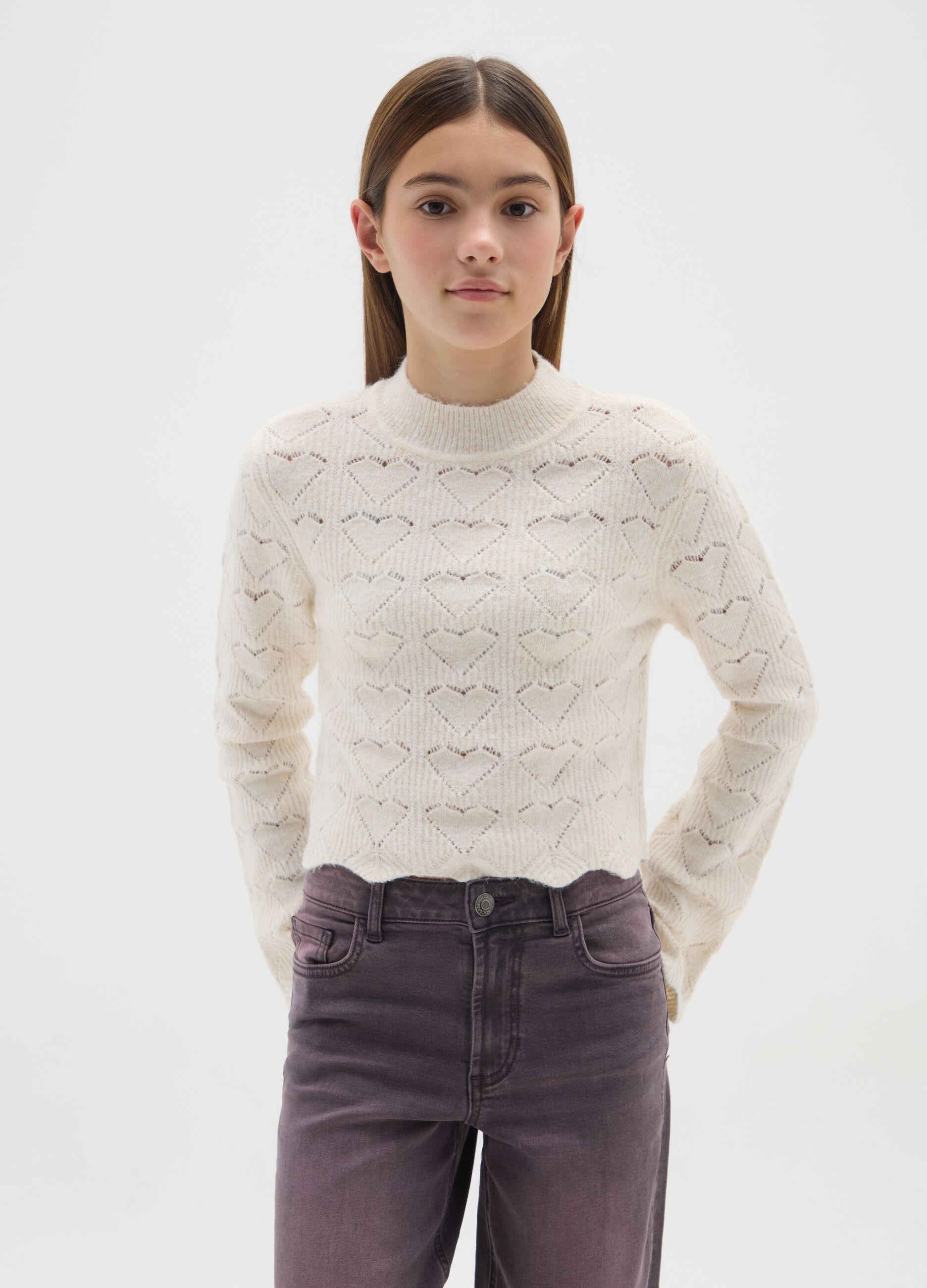 Beige Sweater with Heart Pattern