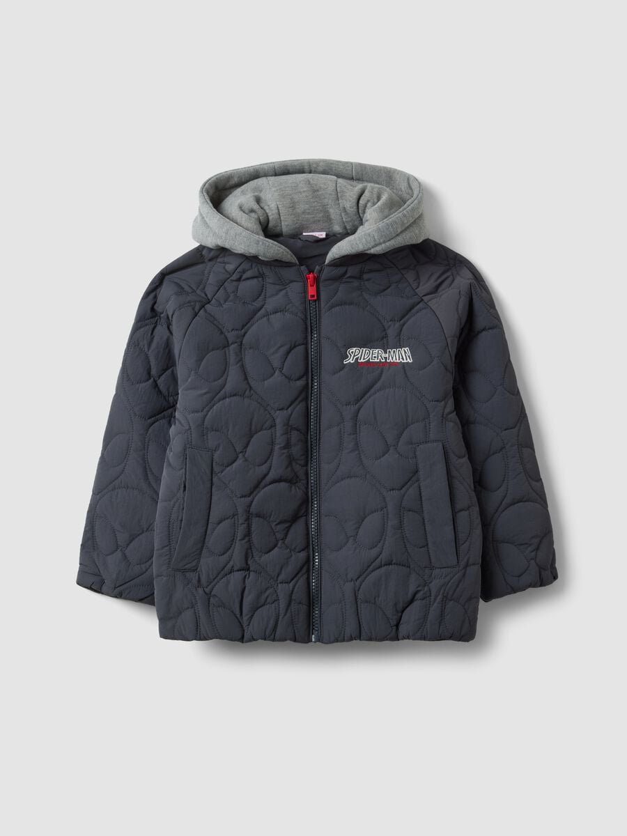 Grey quilted hooded jacket with Spider-Man embroidery for boys_0