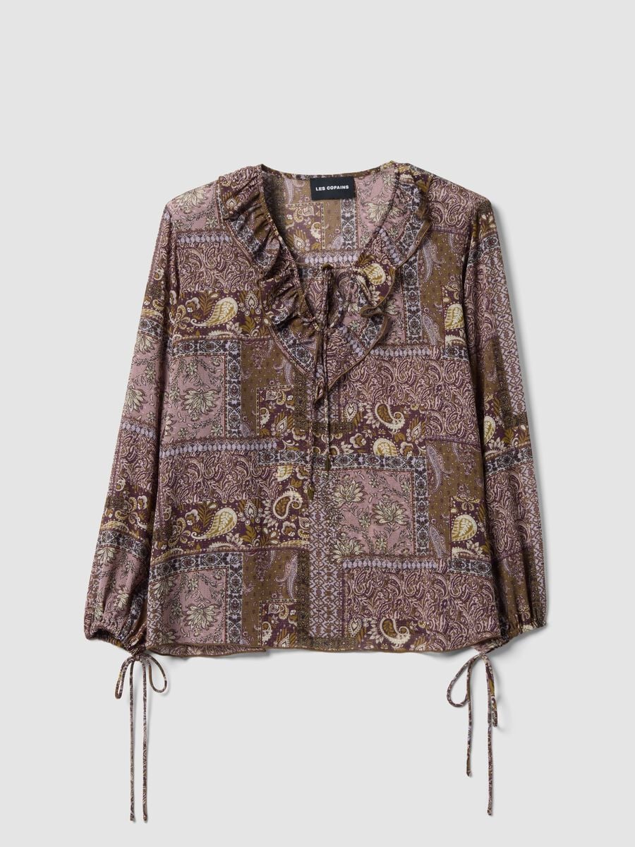 Purple patterned blouse with ruffles and tie neck_0