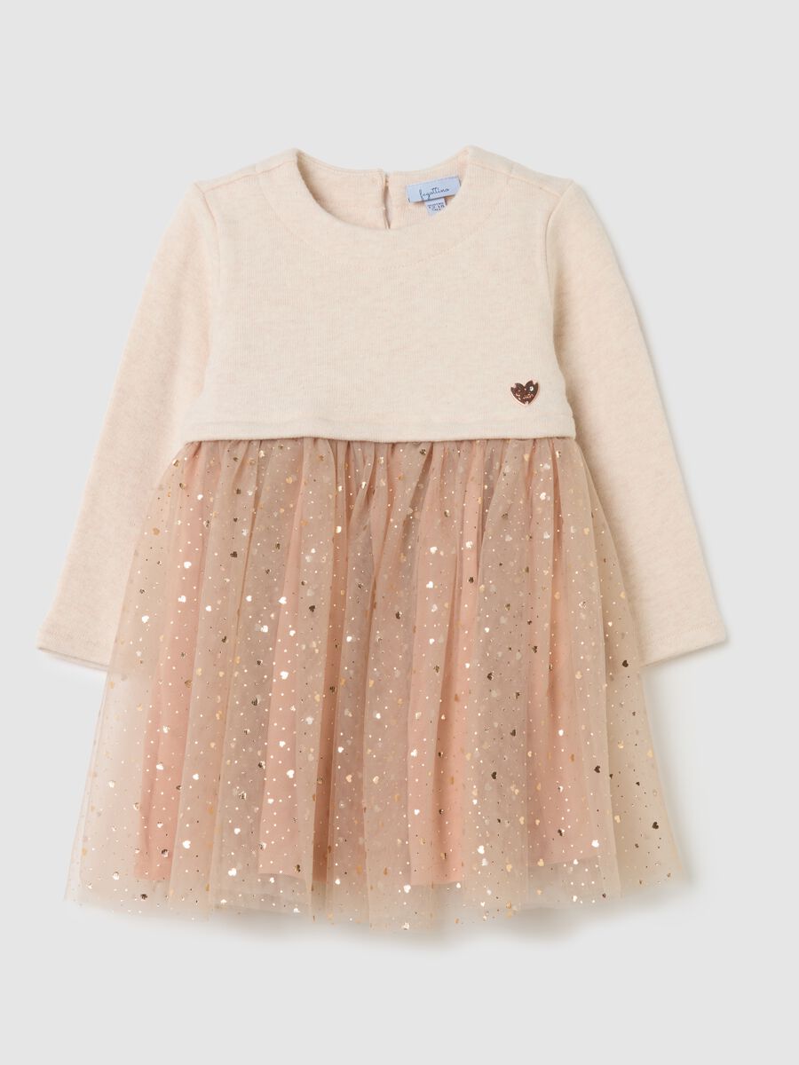 Vestito da bimba in misto cotone beige wide fit con tulle_0