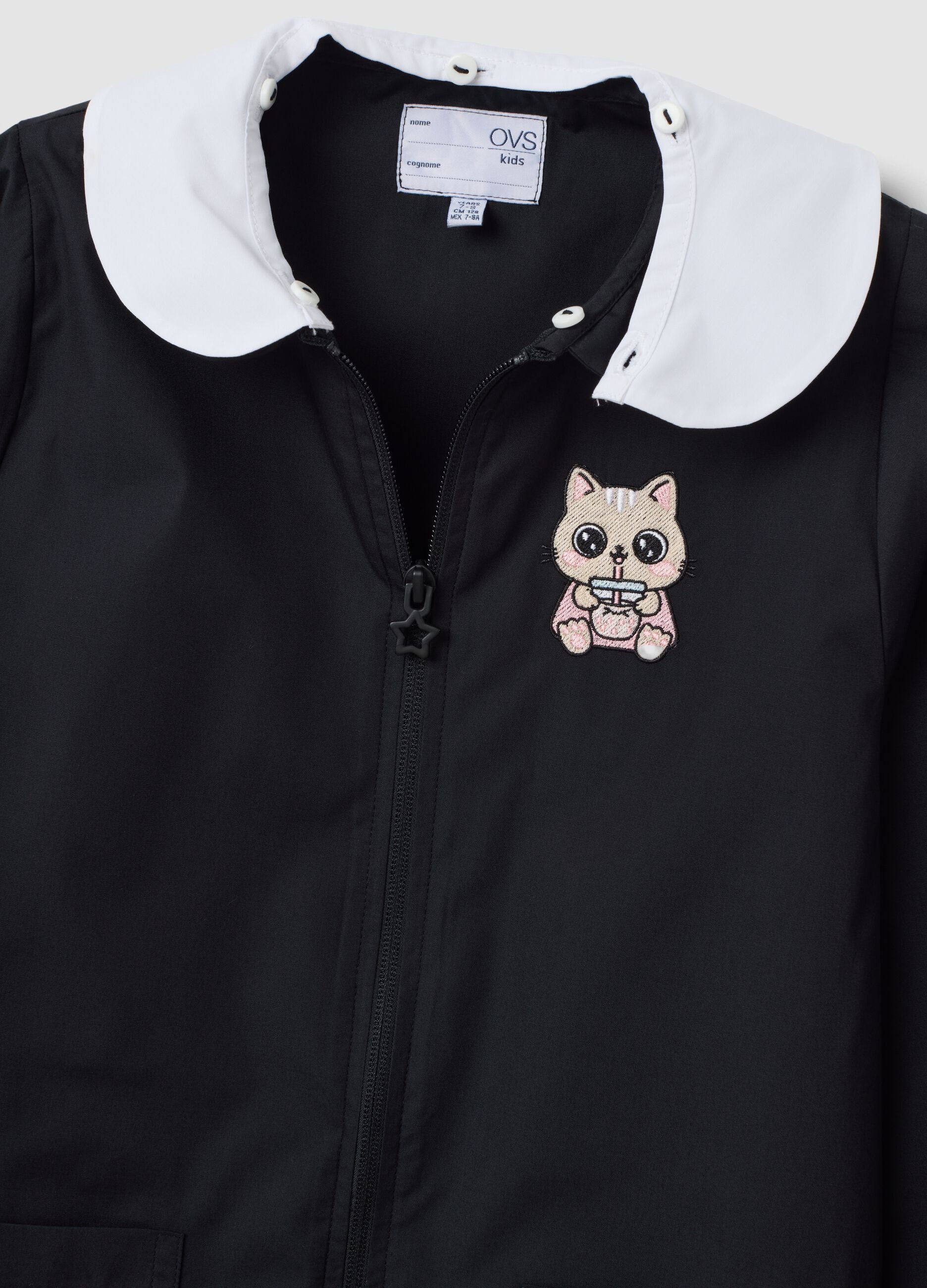 Black girls&rsquo; school smock with kitten embroidery and white collar