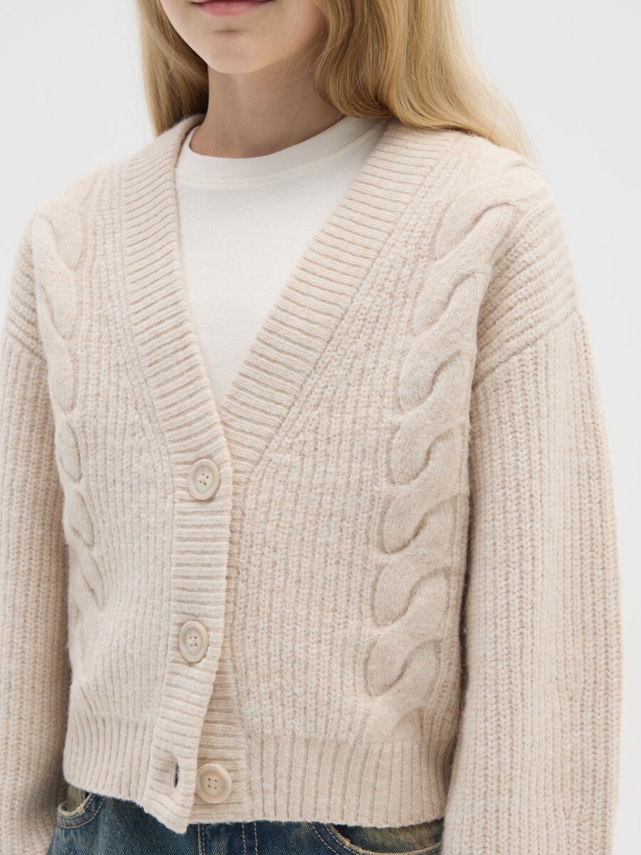 Beige V-neck cardigan with oversized fit for girls_2