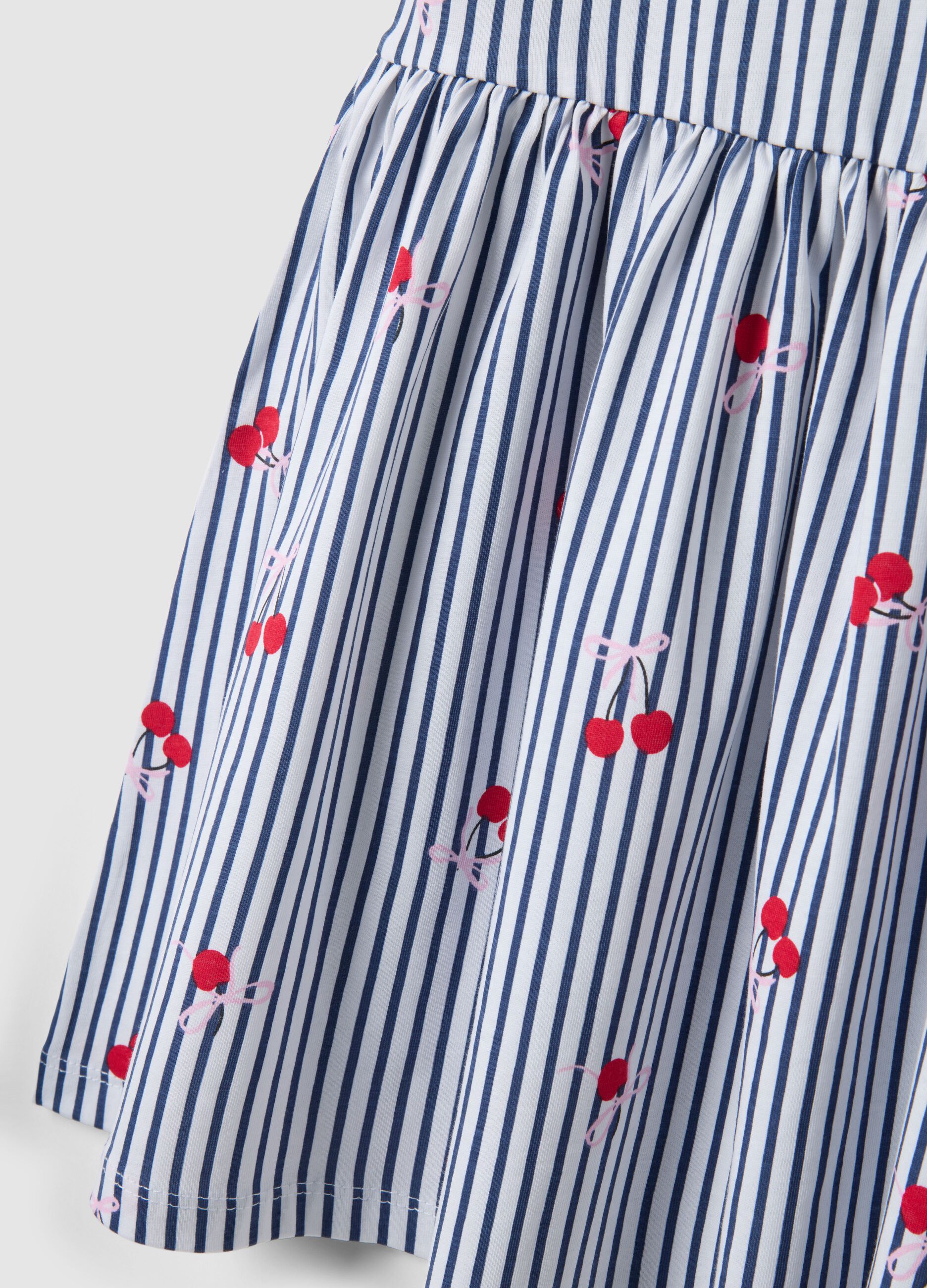 Pure cotton striped blue dress with frills and prints for girls