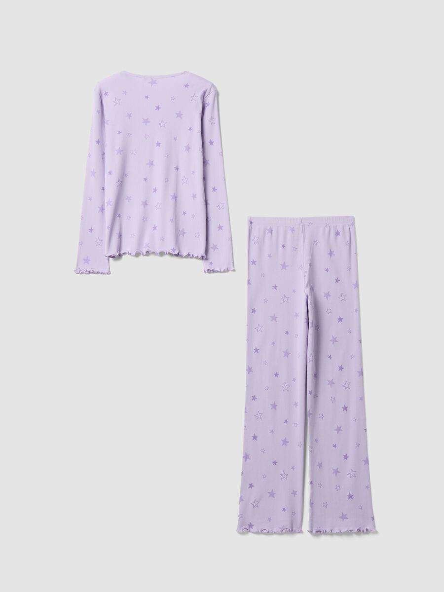Purple girls&rsquo; pyjamas in pure organic ribbed cotton with star print_1