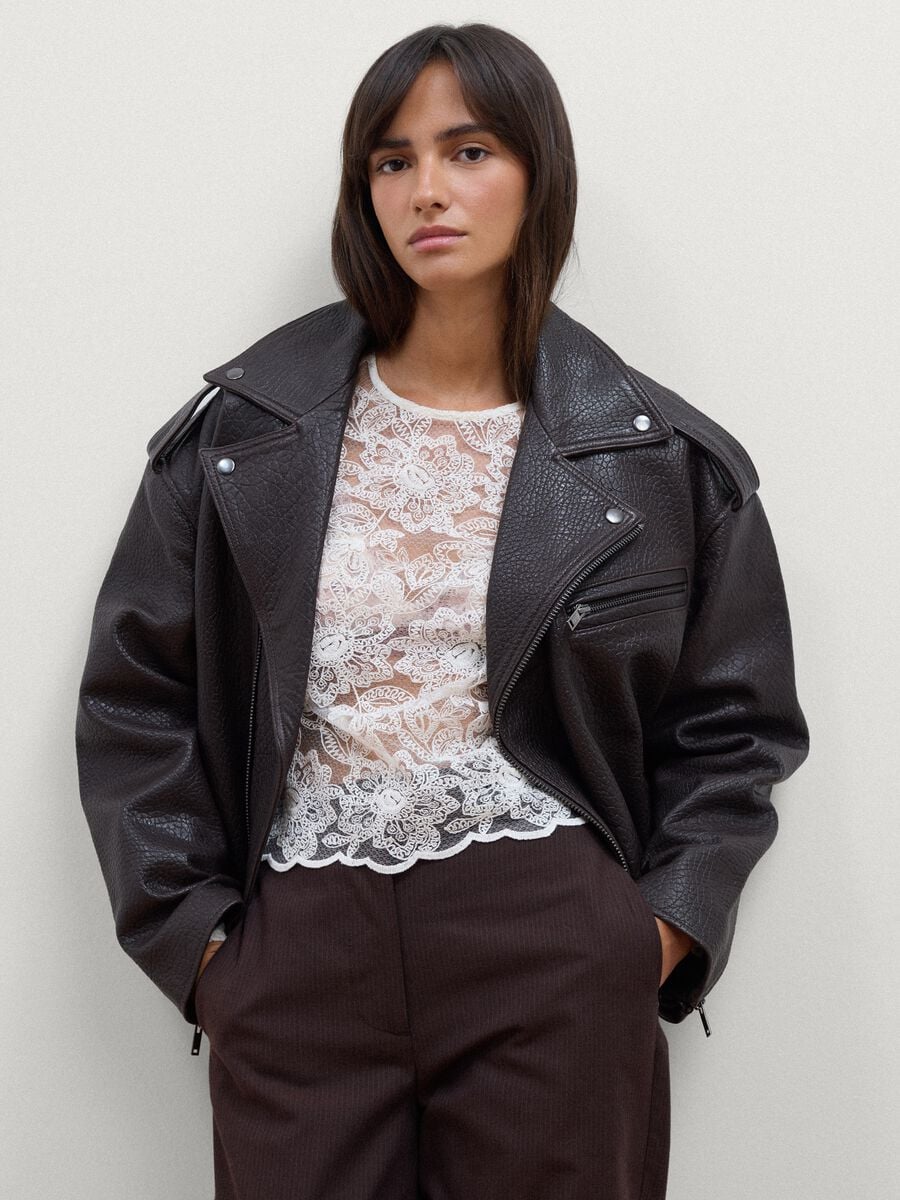 Giacca biker marrone in vera pelle over fit_1