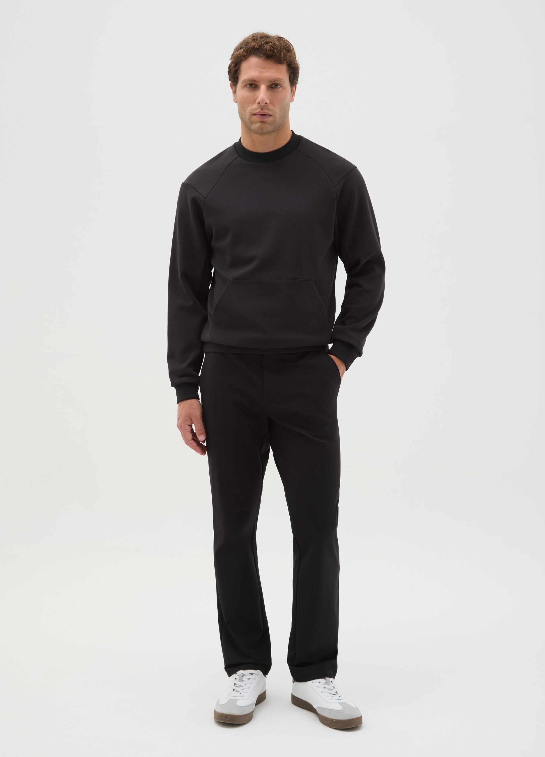 Black cotton blend regular fit chinos