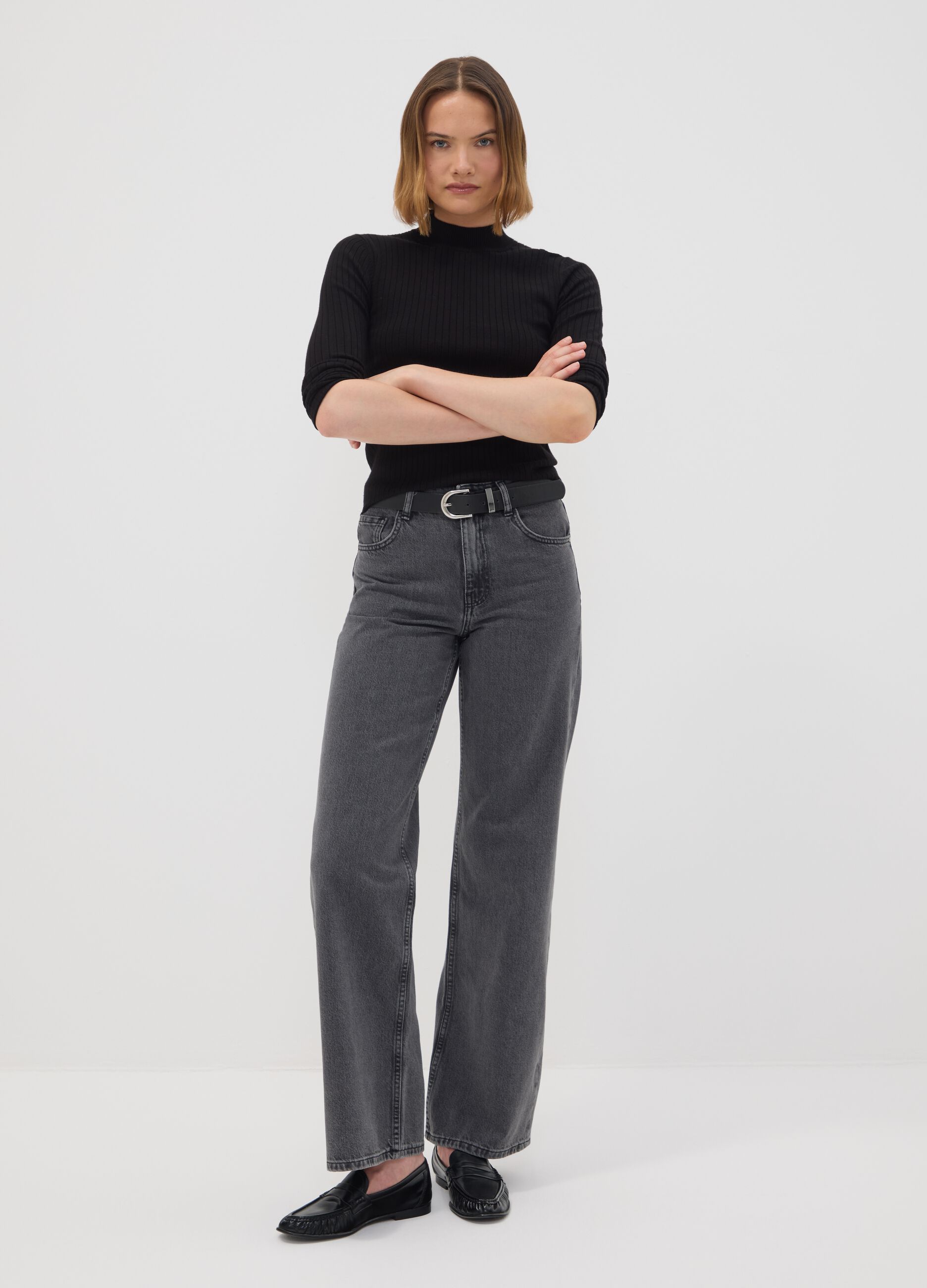 Black ribbed viscose-blend fitted top with high neck
